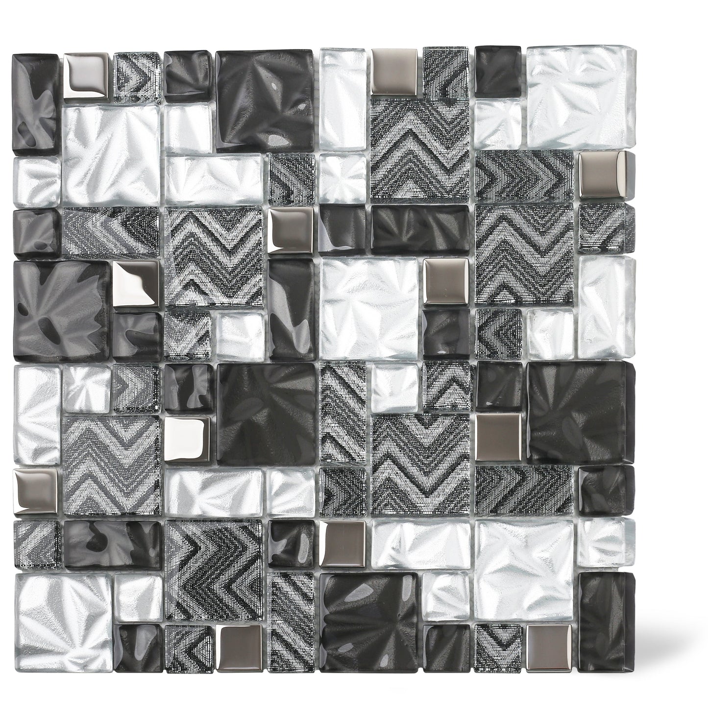 Backsplash Tile for Kitchen Black Silver Square Glass Mosaic Tiles for Kitchen Backsplash Bathroom Wall (Pack of 5)