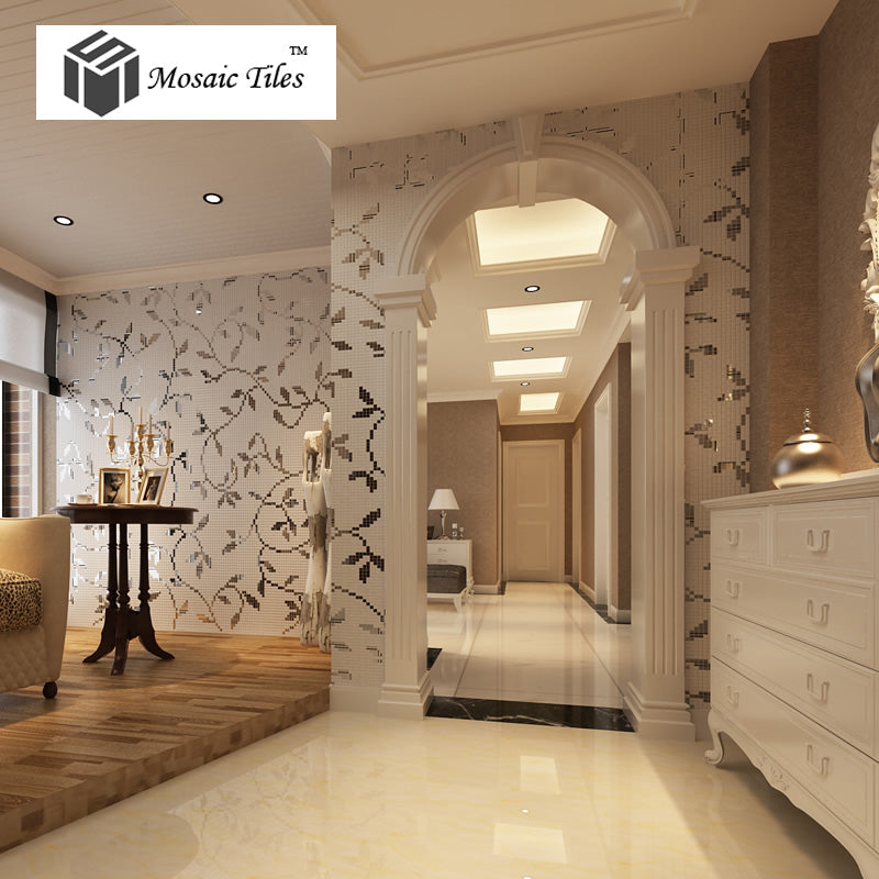 TST Mosaic Collages Silver Vine Leaves Beautiful Pattern Deco Art Mosaic Tiles