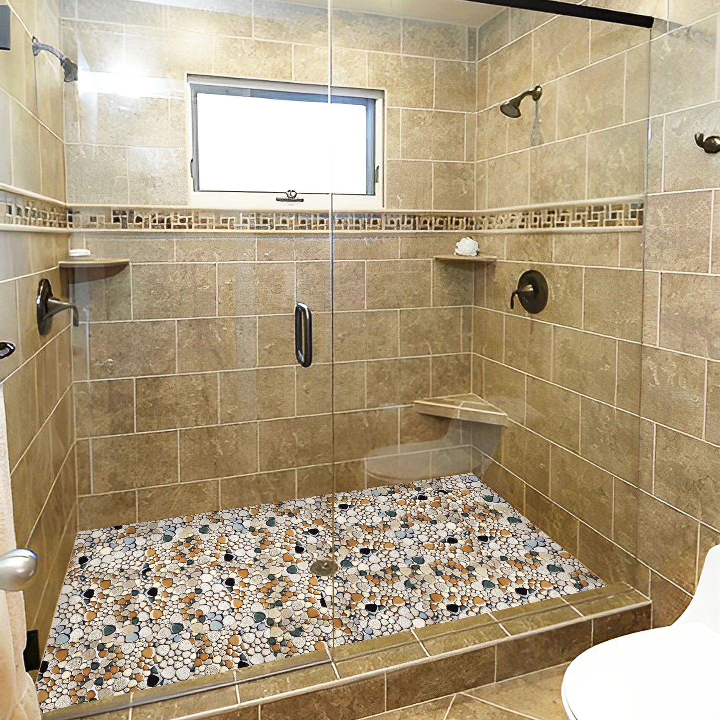 Pebble Stone Mosaic Tiles, Beige Tan Brown Ceramic Mosaic Sheets Mesh Mounted, Glazed Porcelain Tile for Shower Floor Kitchen Bathroom Accent Wall (Pack of 5)