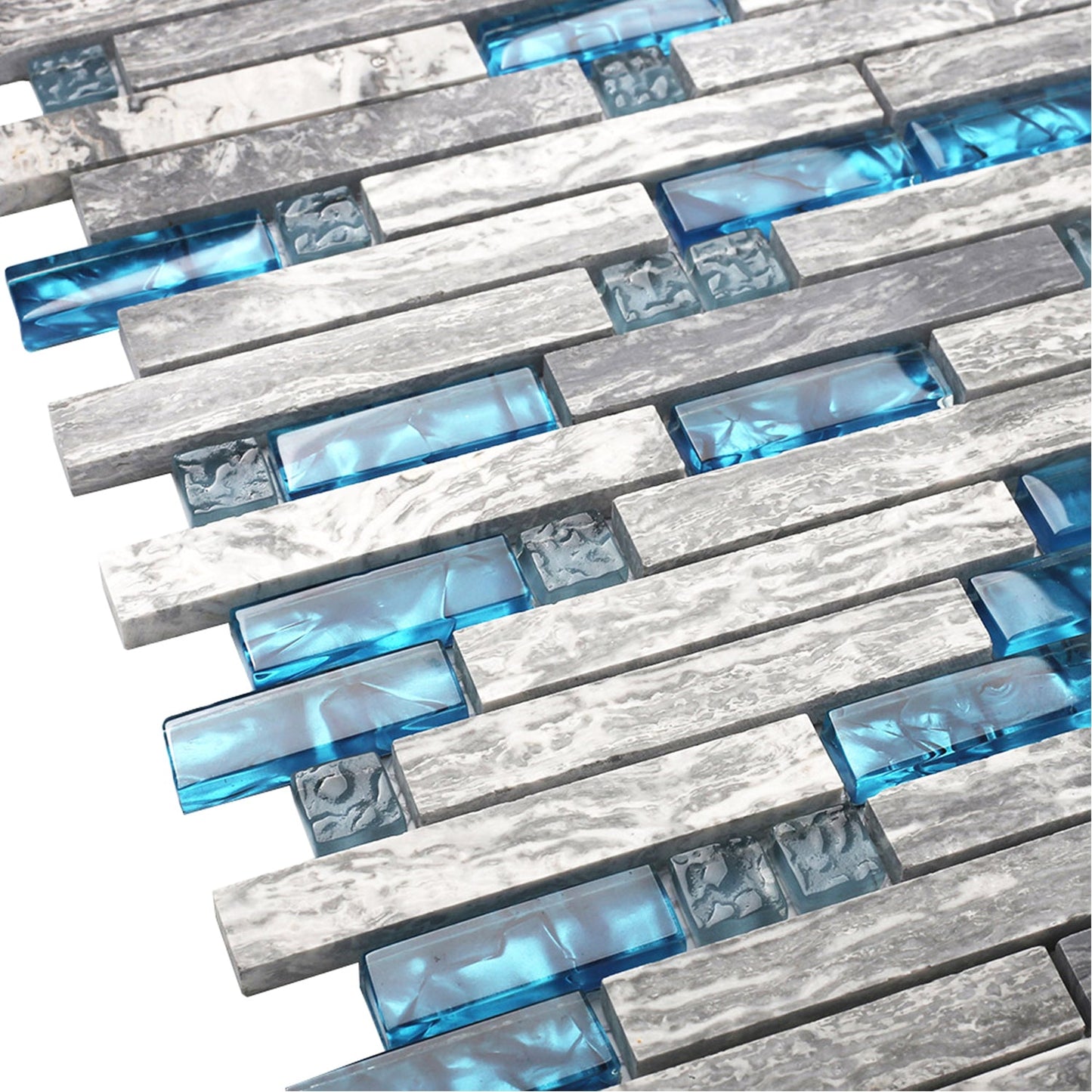 Gray Marble Tile for Kitchen Backsplash Teal Blue Interlocking Glass Mosaic Bathroom Shower Wall Backsplash(Pack of 5)