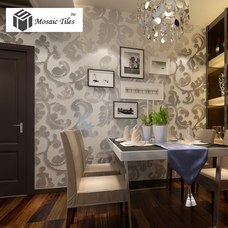 TST Mosaic Collages Silver Leaf Vines Pattern Backsplash Wall Deco Crystal Glass Mirror Tiles