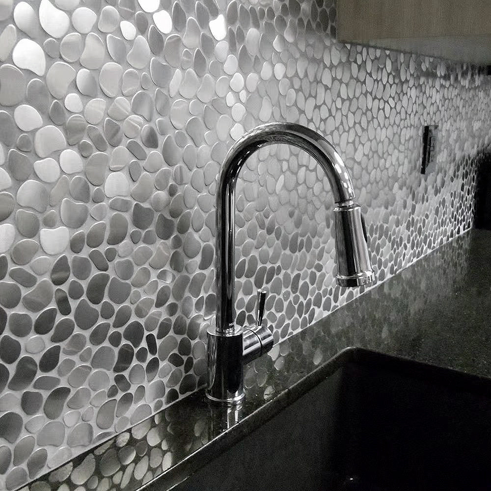 Metal Pebble Mosaic Tiles,Stainless Steel Backsplash Tile Mesh Mounted,Silver Metal Tile for Kitchen Bath Backsplash Shower Floor (Pack of 5)