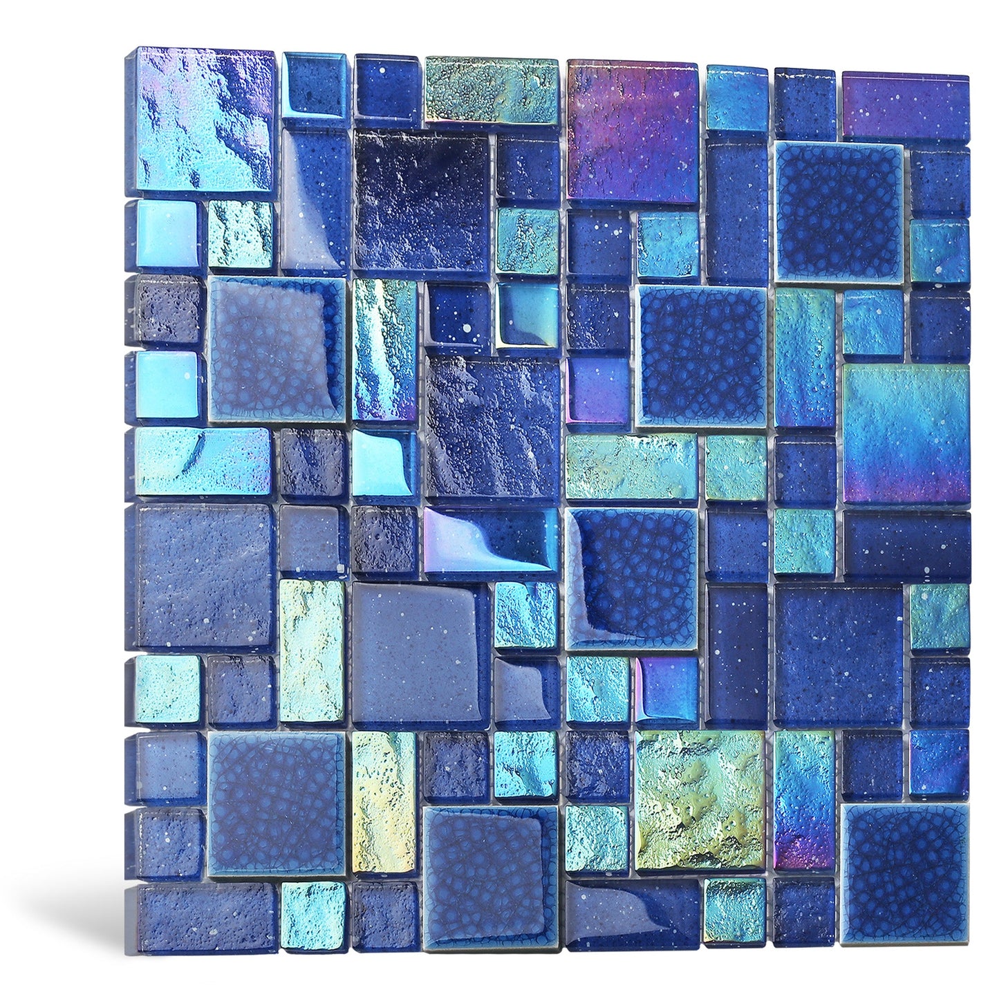 Blue Glass Mosaic Tile French Pattern Square Iridescent Starry Sky design Backsplash Tile for Swimming Pool Kitchen Bathroom Walls(Pack of 5)