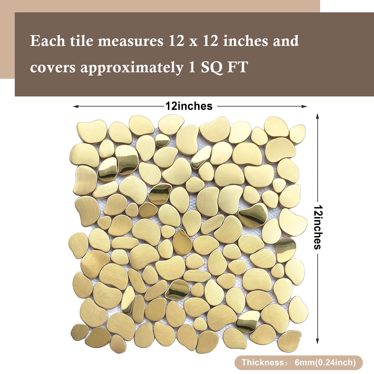 Golden Metal Pebble Mosaic Tiles,Stainless Steel Backsplash Tile,Gold Wall Tiles for Kitchen Bathroom Shower Backsplash (Pack of 5)