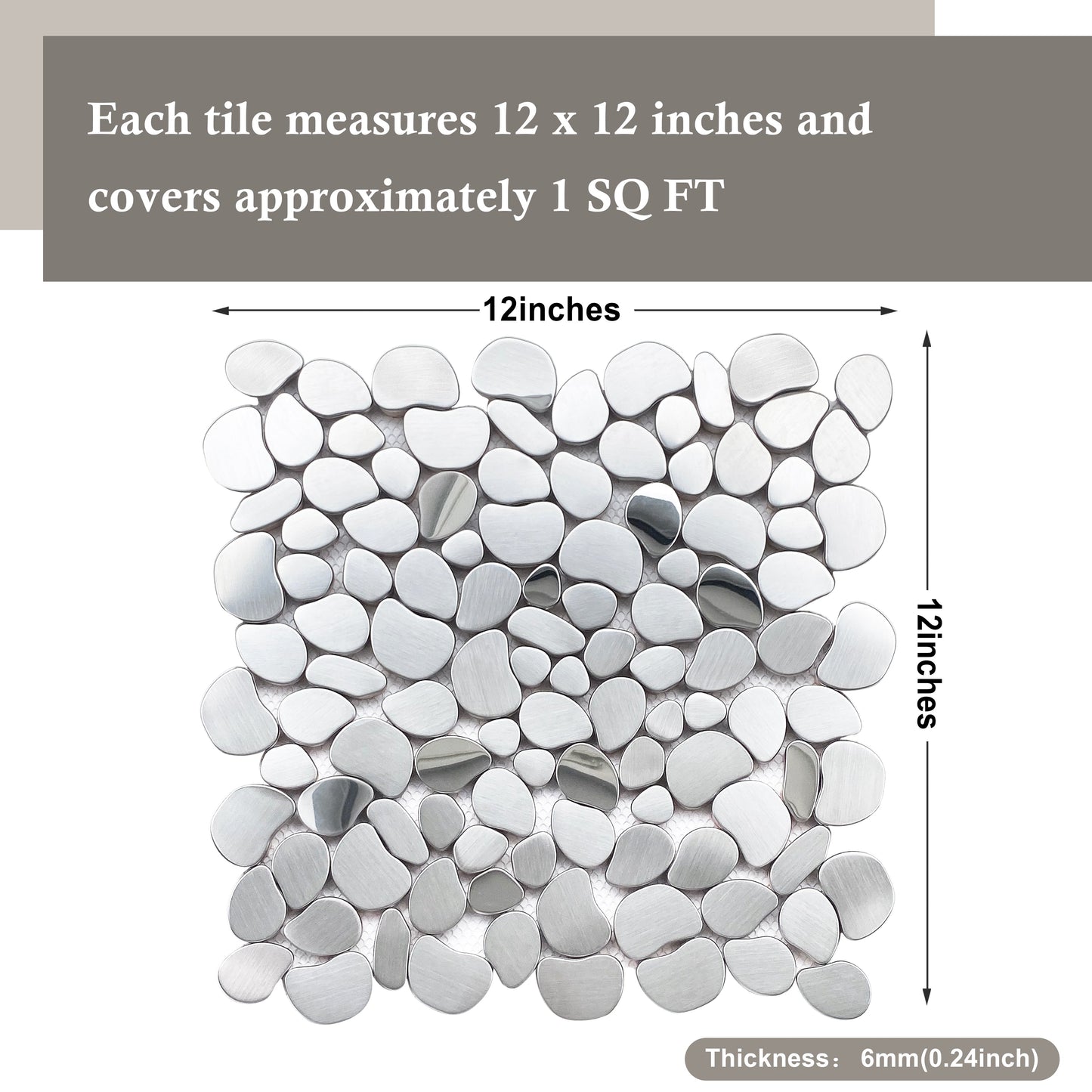 Metal Pebble Mosaic Tiles,Stainless Steel Backsplash Tile Mesh Mounted,Silver Metal Tile for Kitchen Bath Backsplash Shower Floor (Pack of 5)