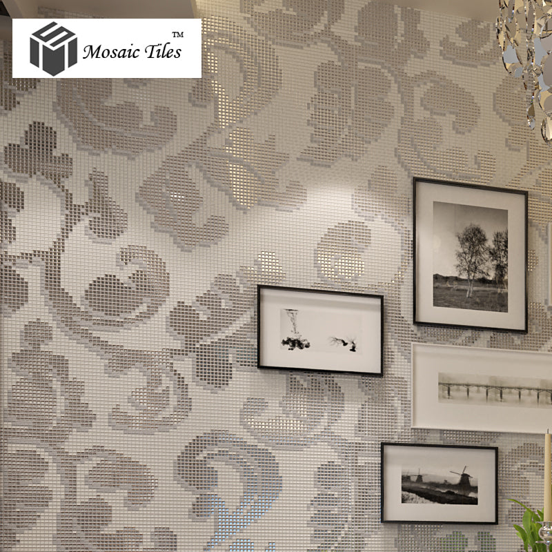 TST Mosaic Collages Silver Leaf Vines Pattern Backsplash Wall Deco Crystal Glass Mirror Tiles