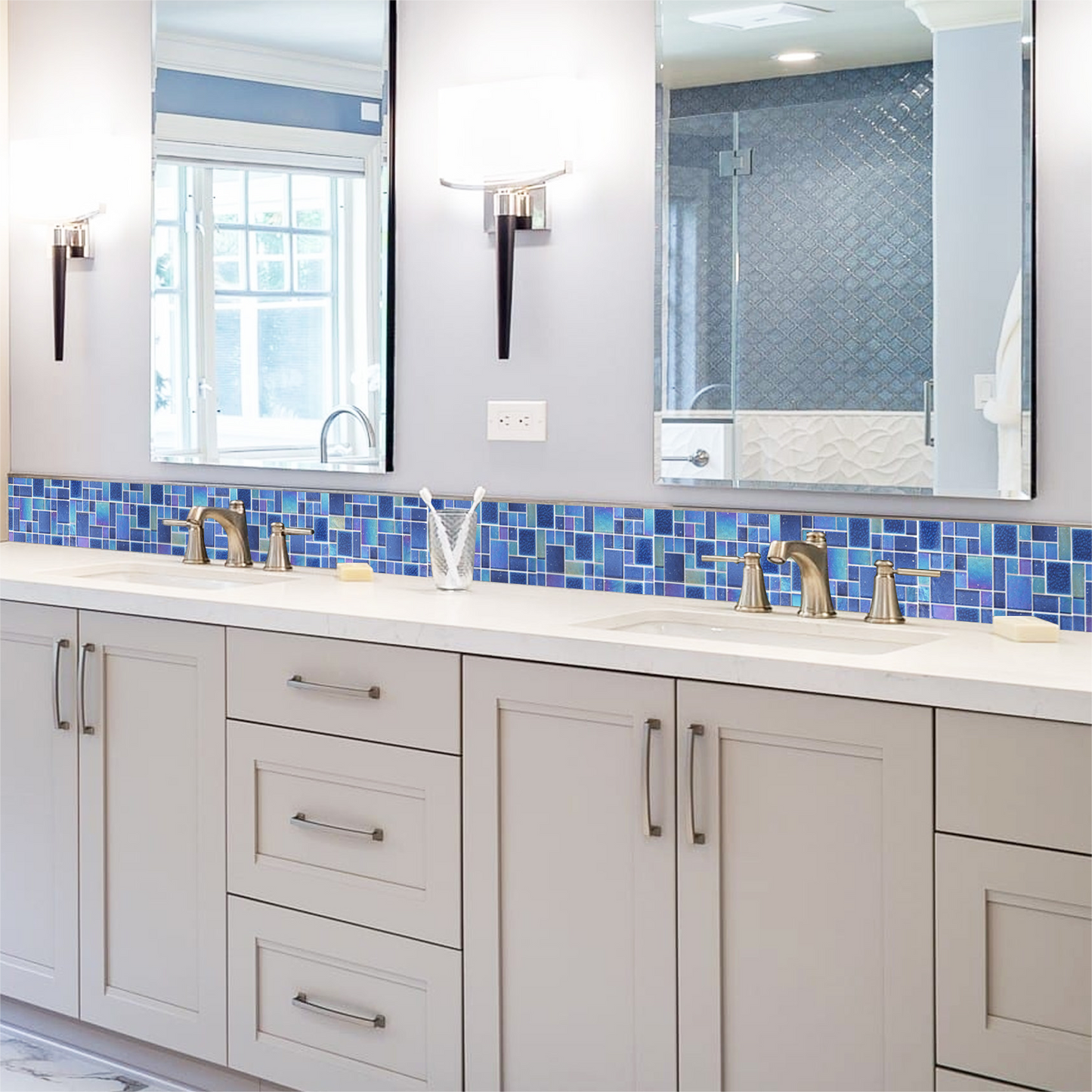 Blue Glass Mosaic Tile French Pattern Square Iridescent Starry Sky design Backsplash Tile for Swimming Pool Kitchen Bathroom Walls(Pack of 5)