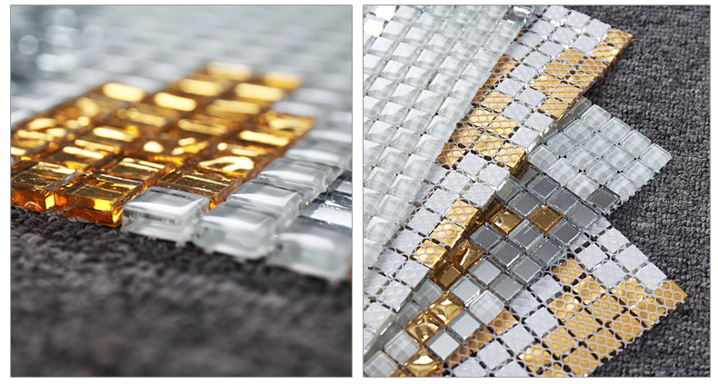 TST Mosaic Collages Goleden Silver Sprout Pattern Mirror Unique Hand Craft Wall Deco Tiles