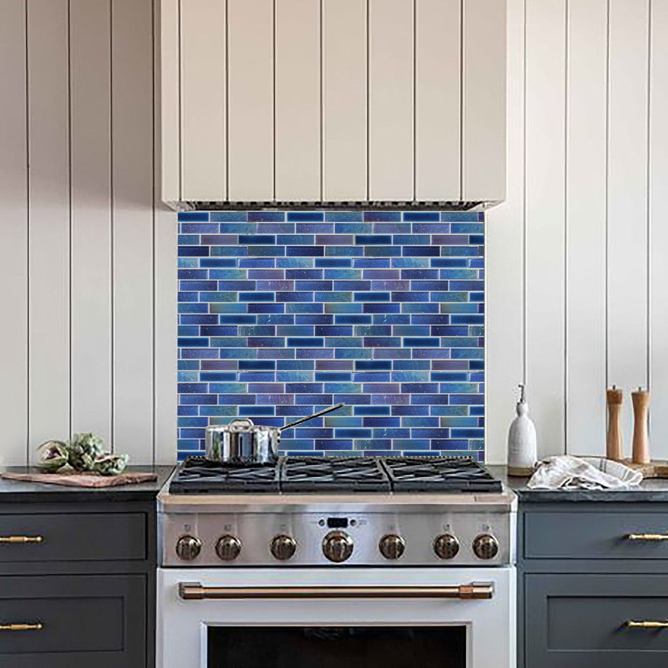 Blue Glass Tile Iridescent Starry Sky design Backsplash Tile for Swimming Pool Kitchen Bathroom Walls(Pack of 5)