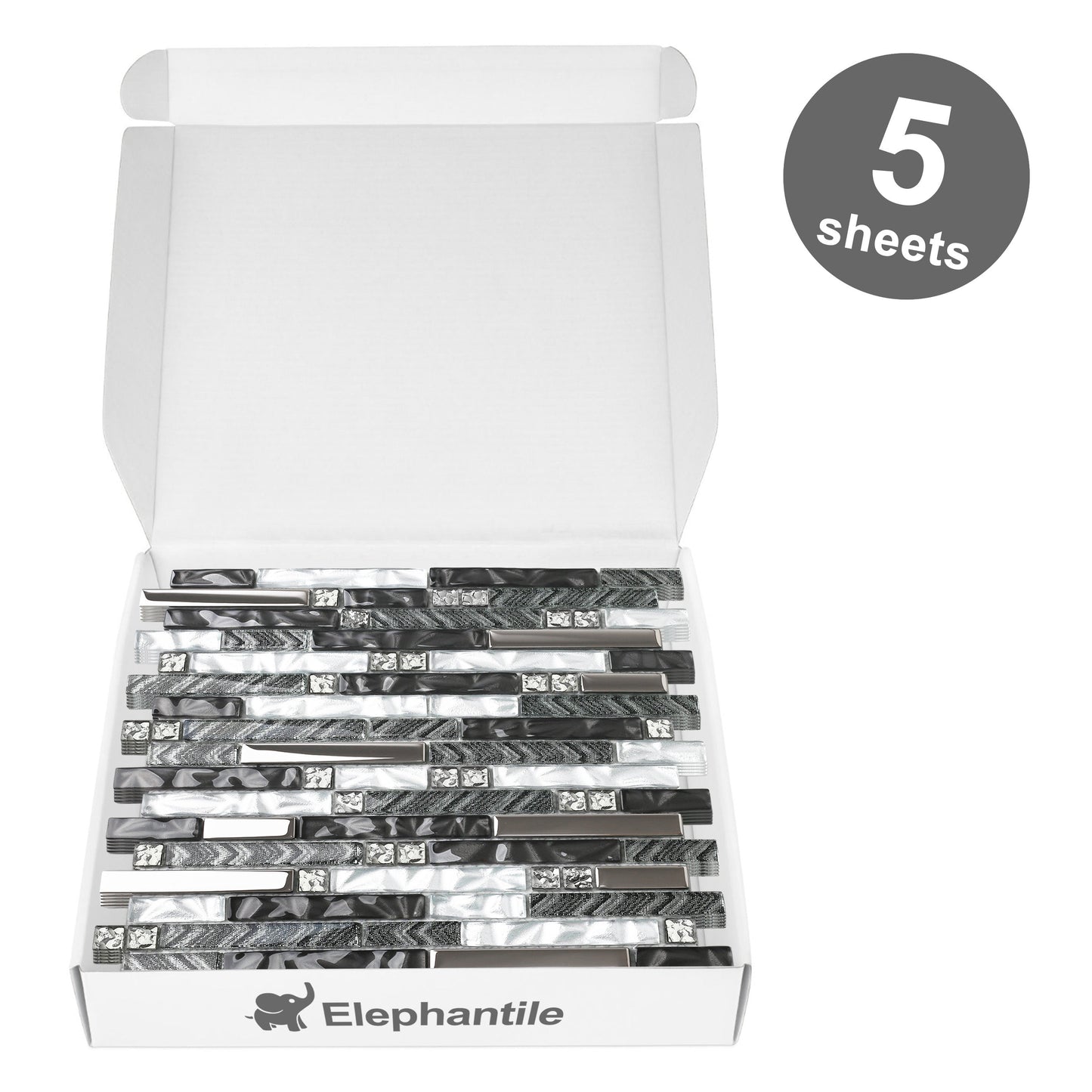 Black Silver Subway Glass Mosaic Tiles for Kitchen Backsplash Bathroom Wall (Pack of 5)