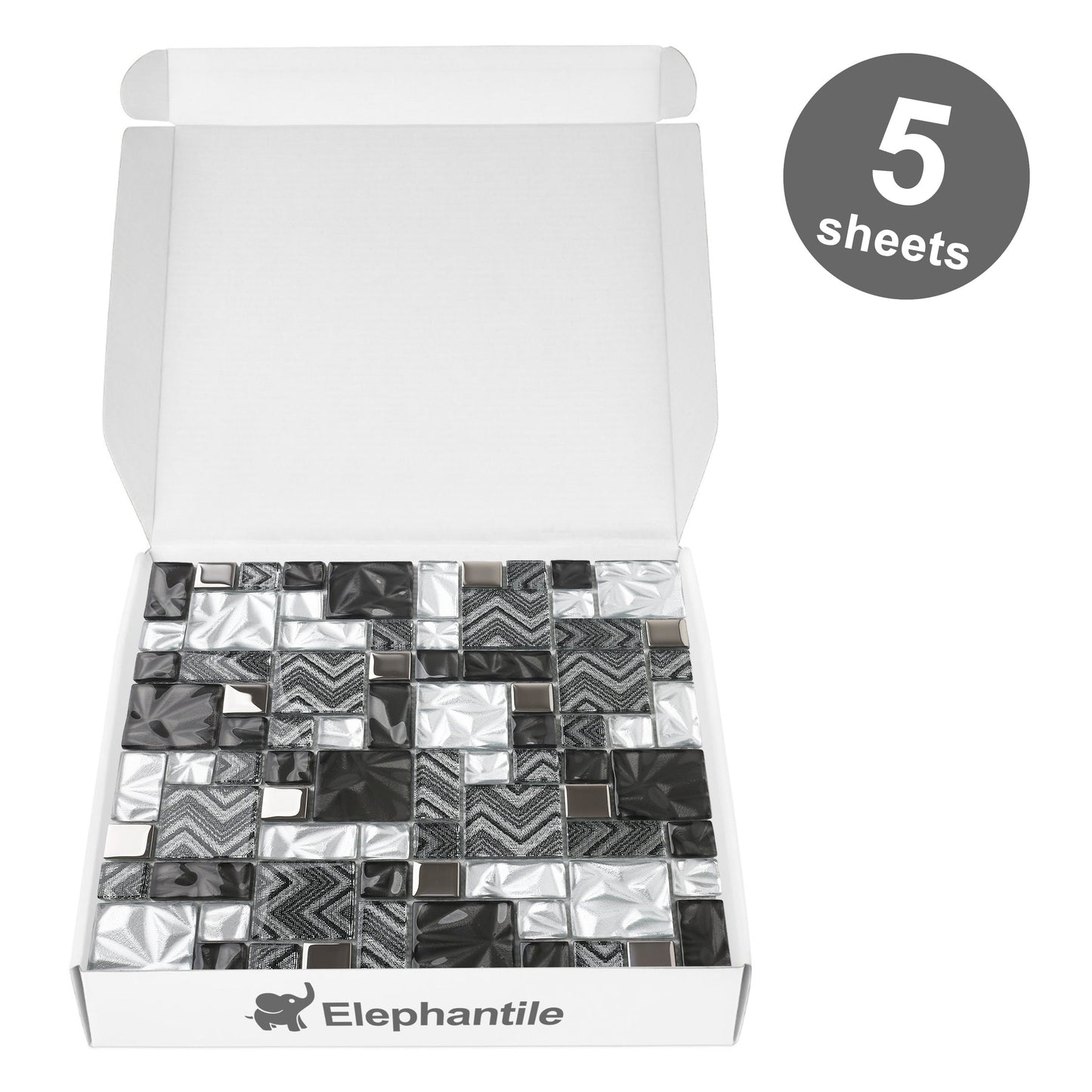 Black Silver Square Glass Mosaic Tiles for Kitchen Backsplash Bathroom Wall (Pack of 5)