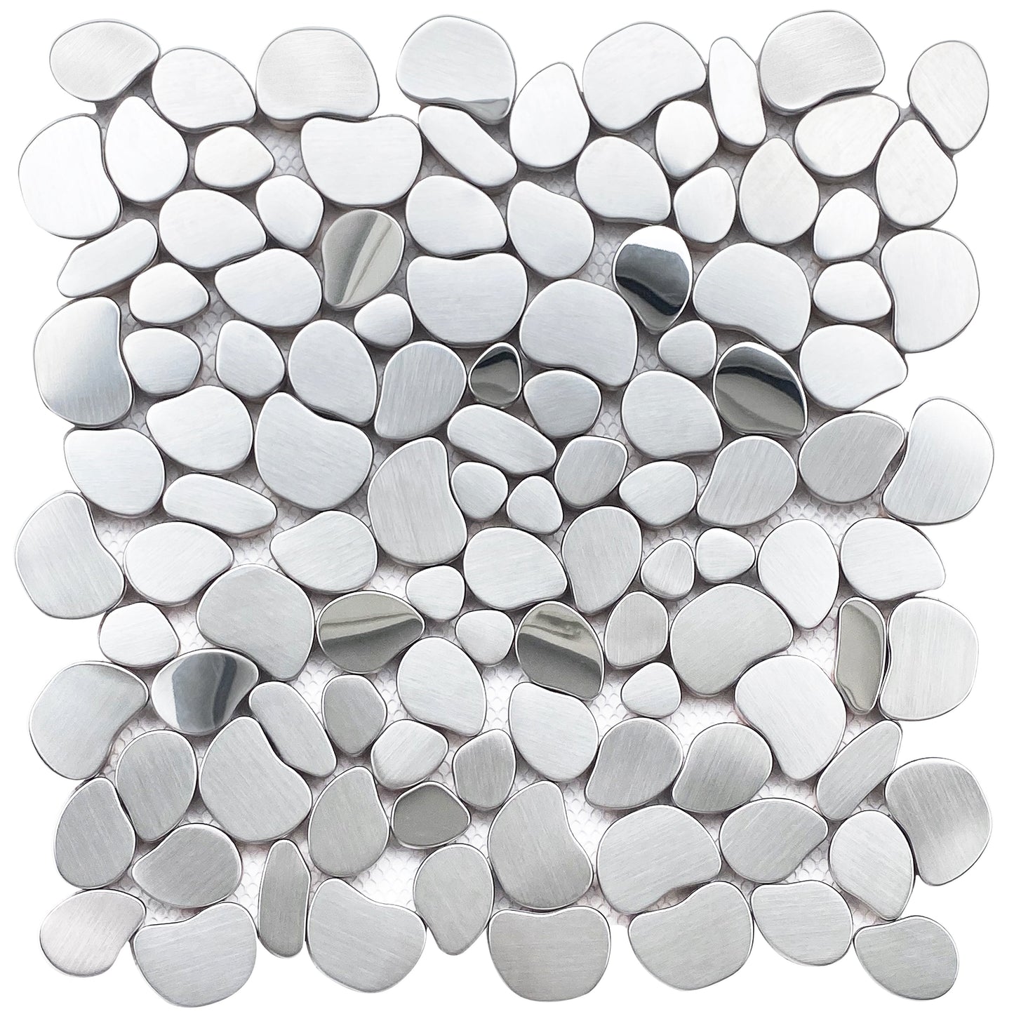 Metal Pebble Mosaic Tiles,Stainless Steel Backsplash Tile Mesh Mounted,Silver Metal Tile for Kitchen Bath Backsplash Shower Floor (Pack of 5)