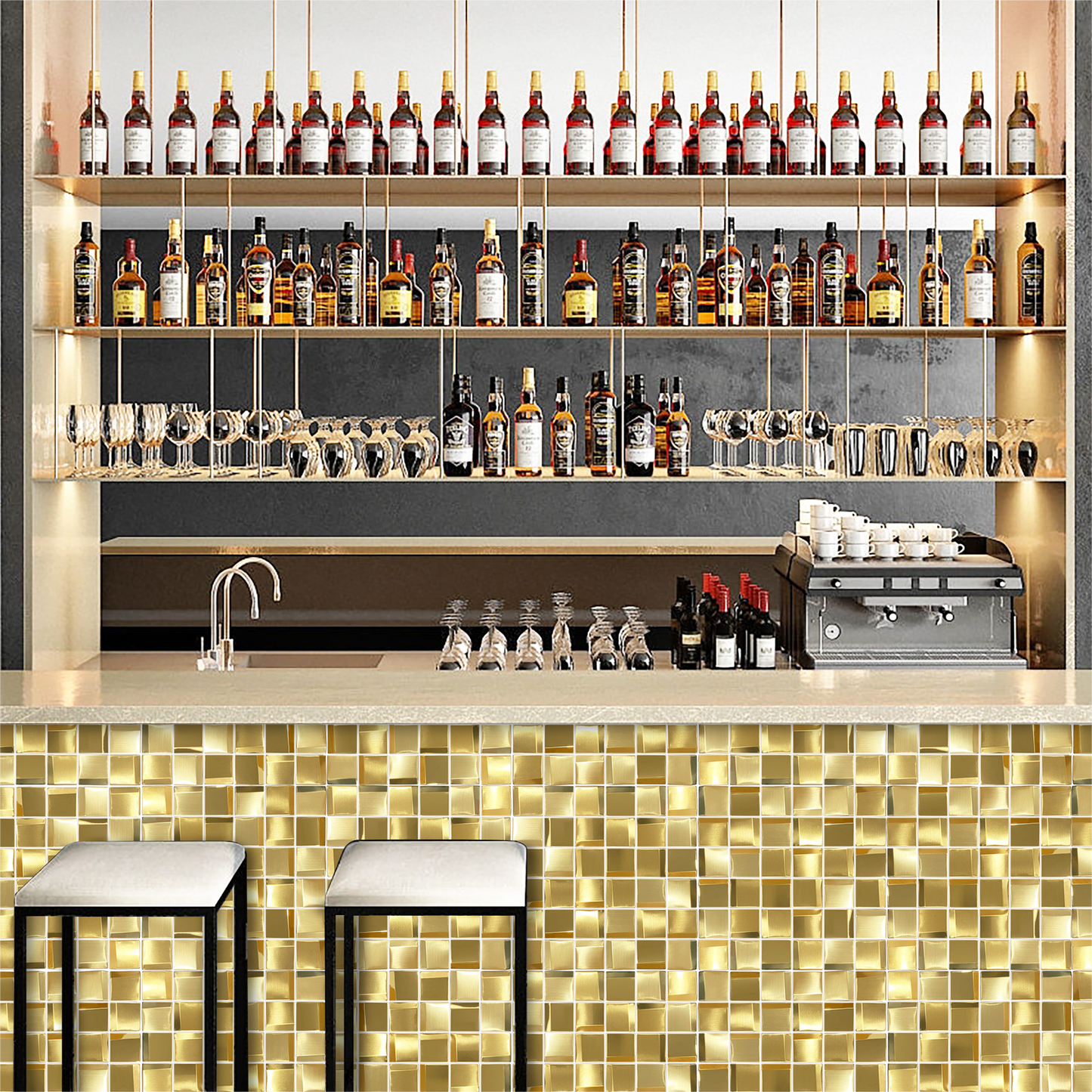 Gold Wall Backsplash Tile 3D Wall Panels Metal Mosaic Sheets for Wall Backsplash Hotel Lobby Bar (Pack of 5)