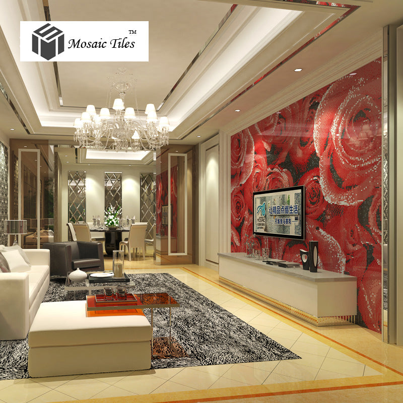 TST Mosaic Collages Romantic Red Rose Background Art Wall Deco Crystal Glass Tiles