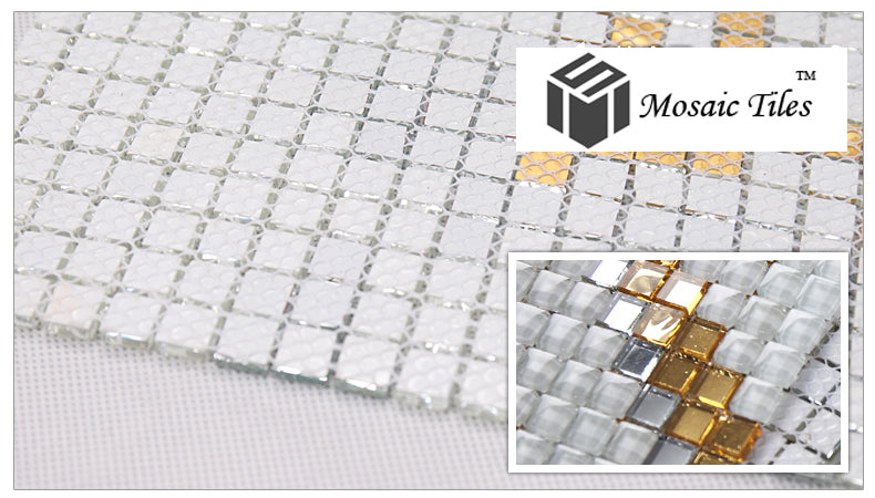 TST Mosaic Collages Goleden Silver Sprout Pattern Mirror Unique Hand Craft Wall Deco Tiles