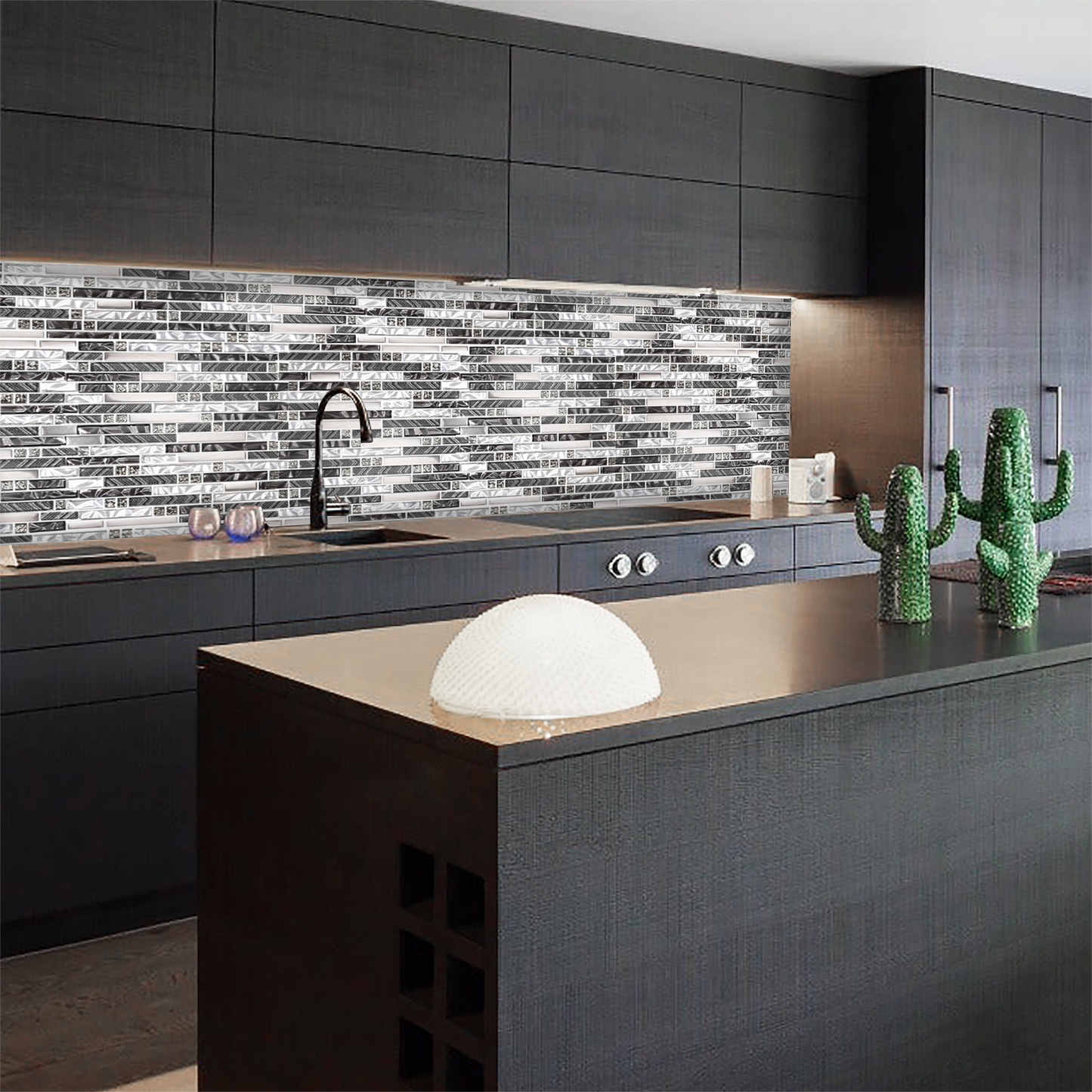 Black Silver Subway Glass Mosaic Tiles for Kitchen Backsplash Bathroom Wall (Pack of 5)