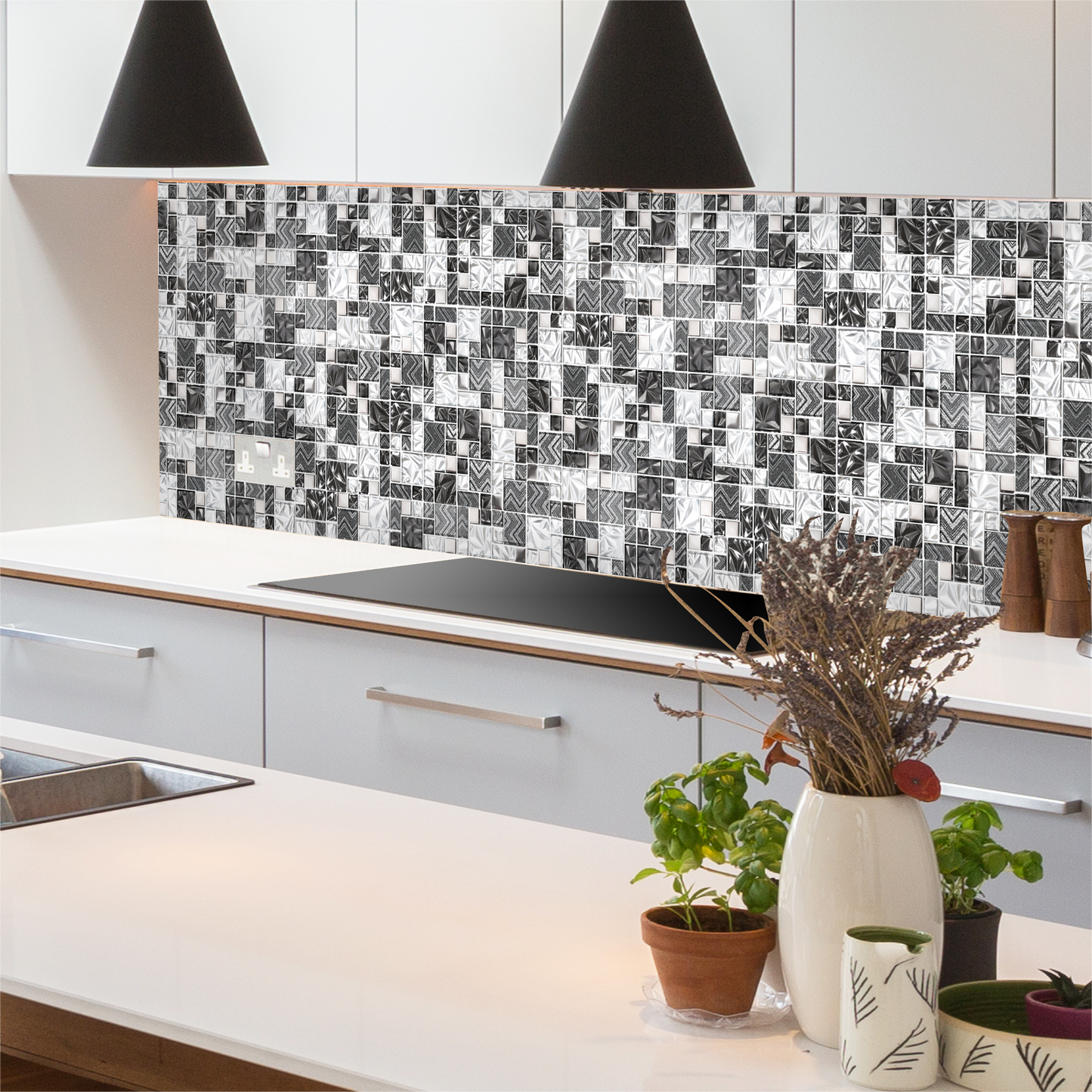 Black Silver Square Glass Mosaic Tiles for Kitchen Backsplash Bathroom Wall (Pack of 5)