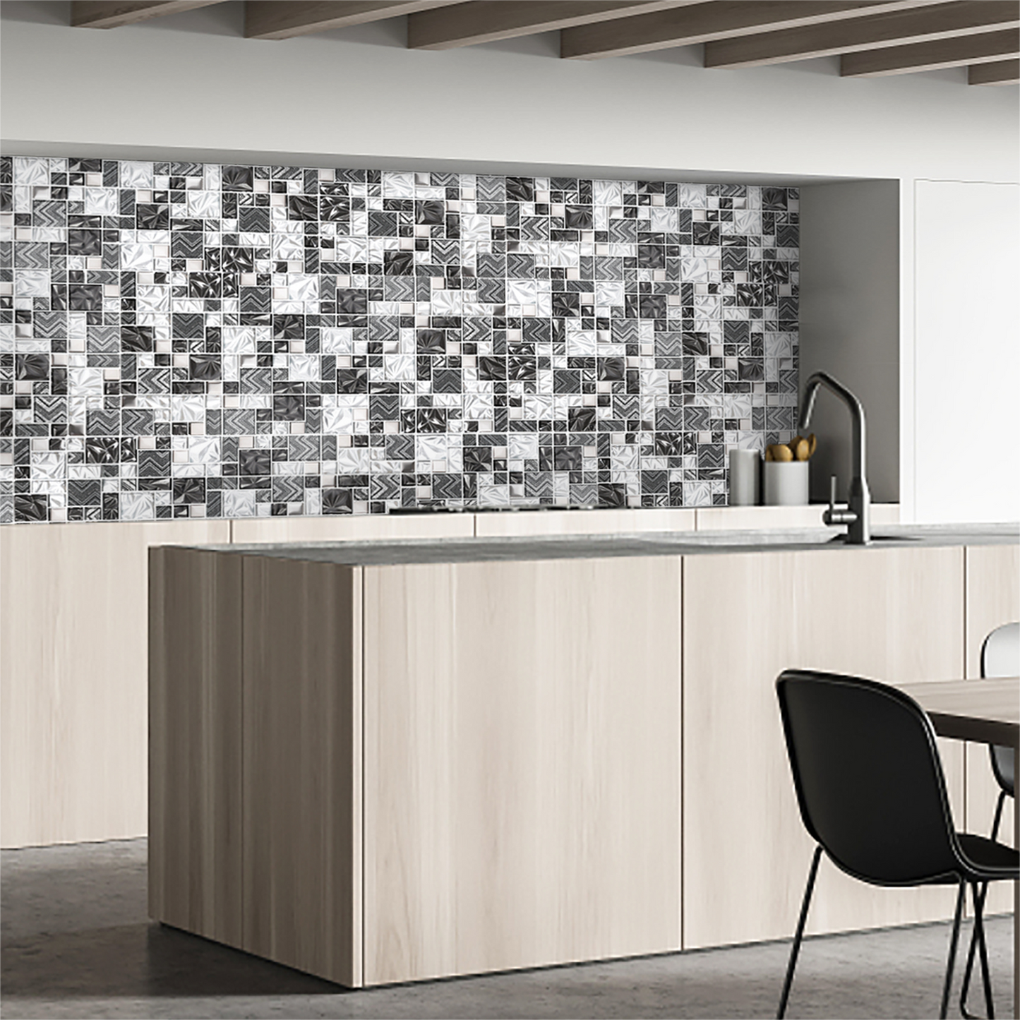 Black Silver Square Glass Mosaic Tiles for Kitchen Backsplash Bathroom Wall (Pack of 5)