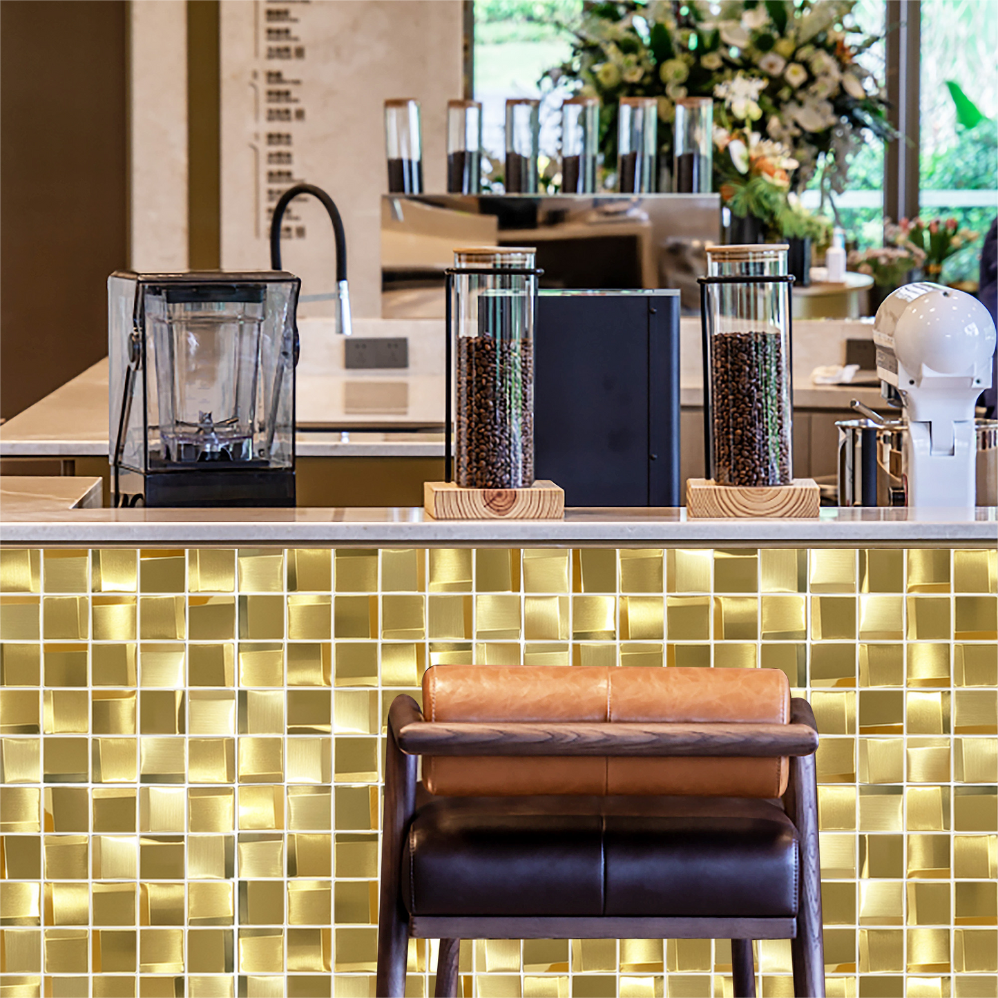 Gold Wall Backsplash Tile 3D Wall Panels Metal Mosaic Sheets for Wall Backsplash Hotel Lobby Bar (Pack of 5)