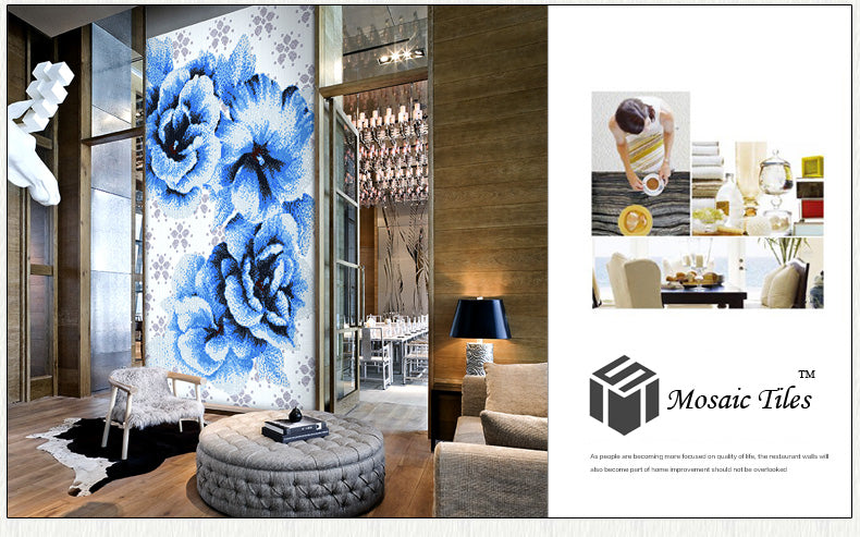 TST Mosaic Collages Big Blue Flowers Puzzle Patterns Customized Floral Crystal Glass Tiles
