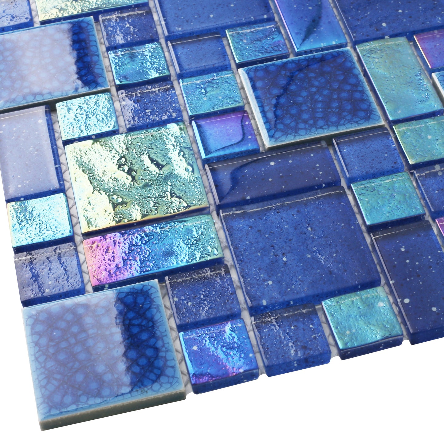 Blue Glass Mosaic Tile French Pattern Square Iridescent Starry Sky design Backsplash Tile for Swimming Pool Kitchen Bathroom Walls(Pack of 5)
