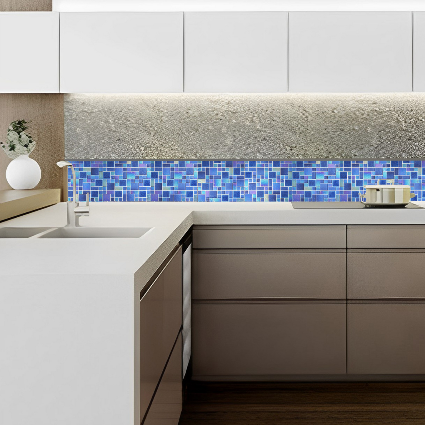 Blue Glass Mosaic Tile French Pattern Square Iridescent Starry Sky design Backsplash Tile for Swimming Pool Kitchen Bathroom Walls(Pack of 5)