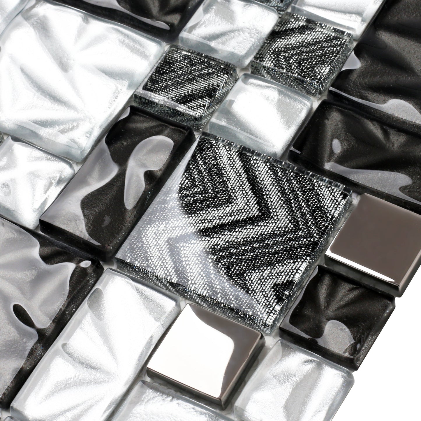Black Silver Square Glass Mosaic Tiles for Kitchen Backsplash Bathroom Wall (Pack of 5)