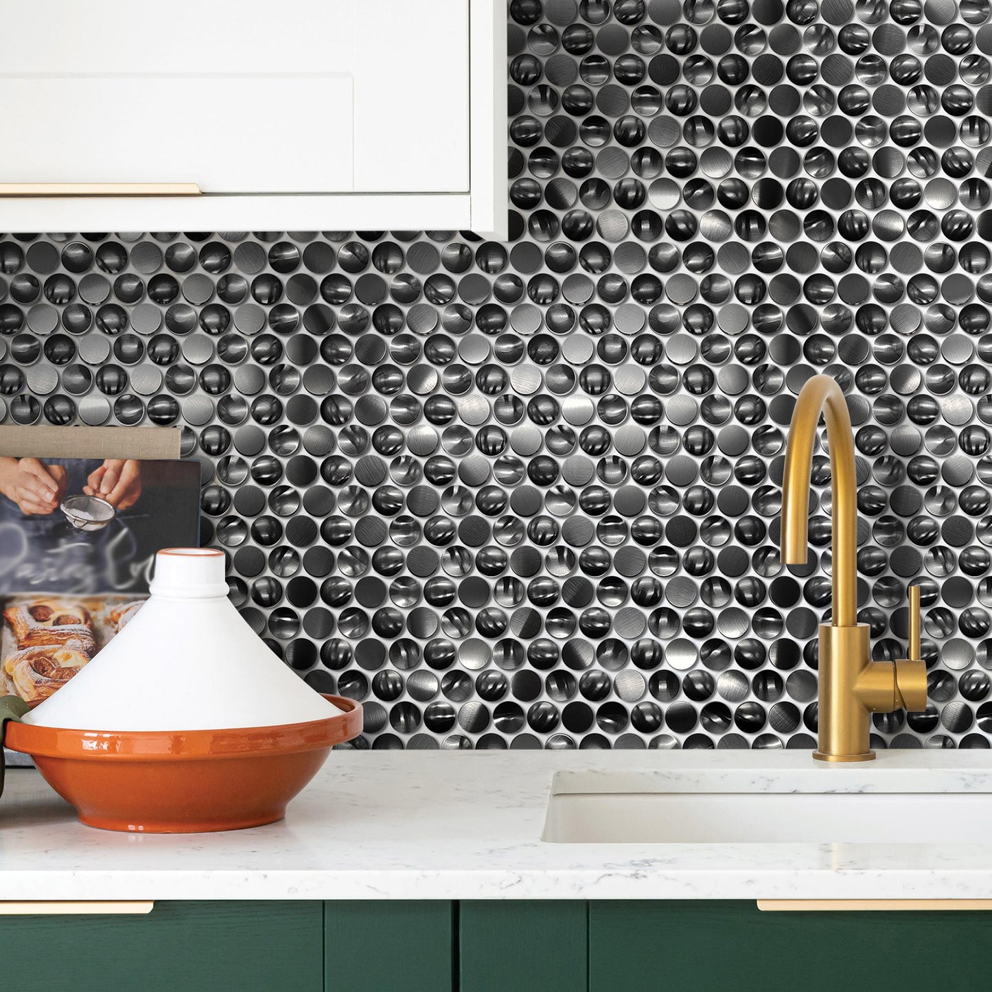 Black Tile Penny Round Mosaic 3D Concave Convex Tiles for Kitchen Backsplash, Bathroom Wall, Accent Wall (Pack of 5)