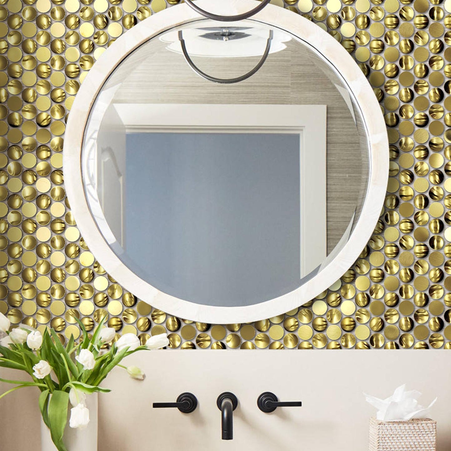 Gold Penny Round Tile Concave Convex 3D Mosaic Tiles for Kitchen Backsplash, Bathroom Wall, Accent Wall (Pack of 5)