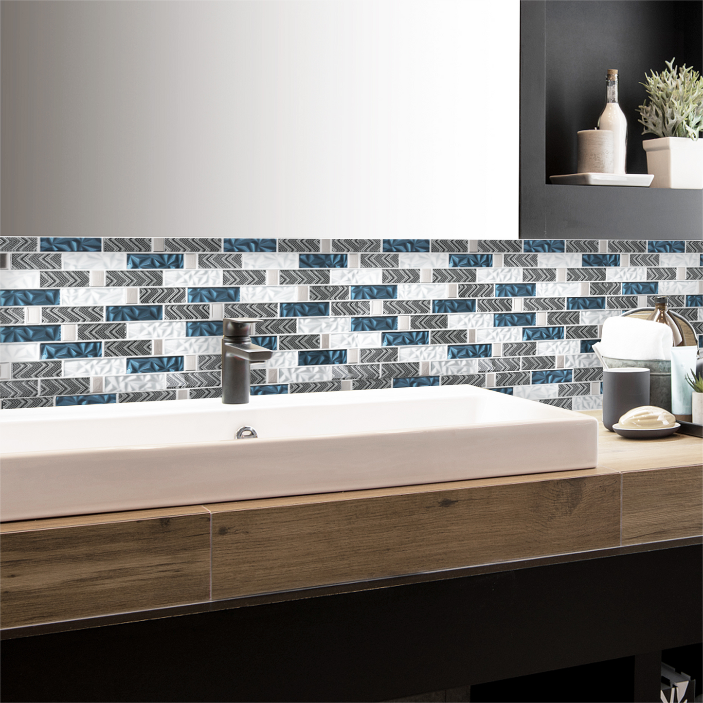 Subway Glass Tile Teal Blue & White Kitchen Bathroom Wall Backsplash Tile (Pack of 5)
