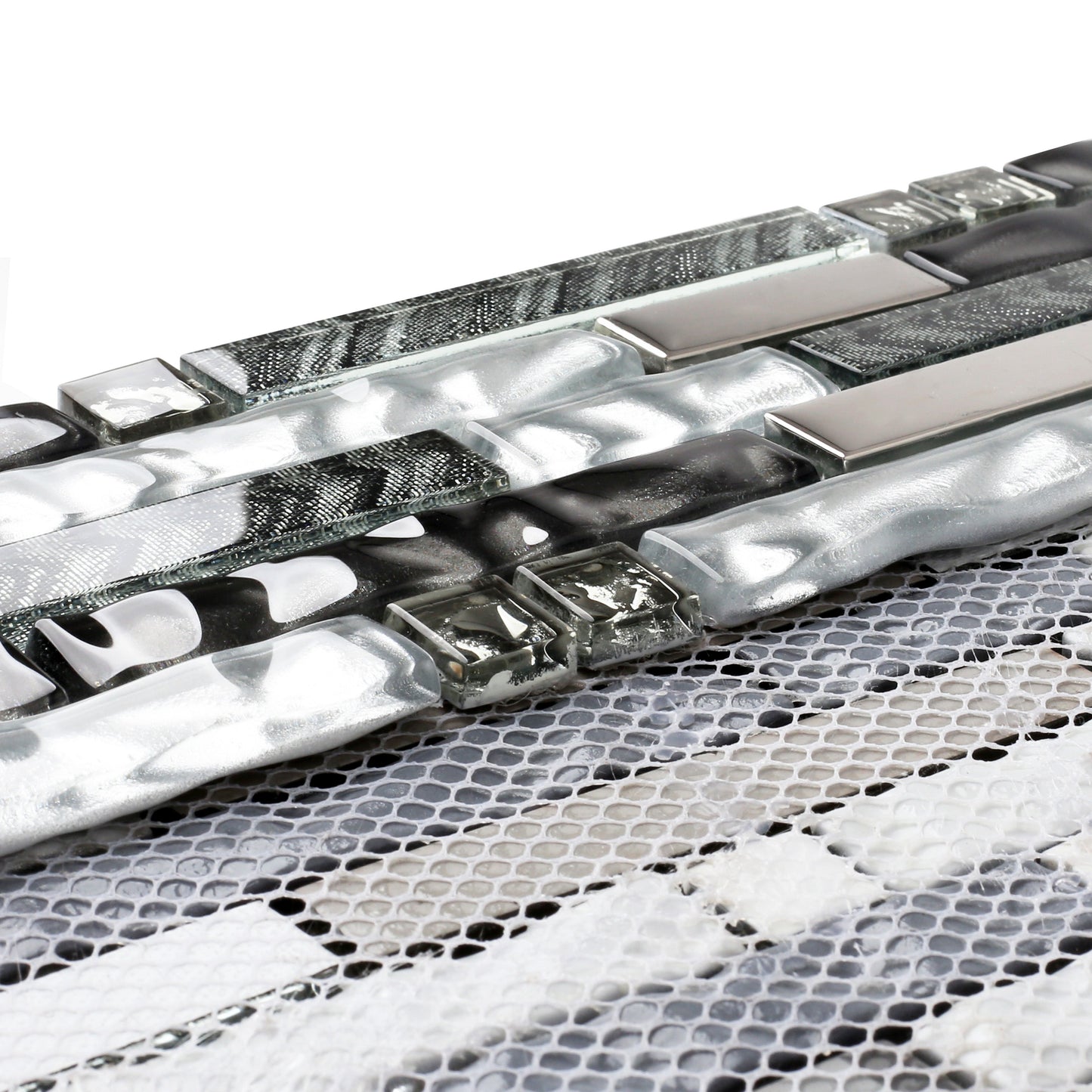 Black Silver Subway Glass Mosaic Tiles for Kitchen Backsplash Bathroom Wall (Pack of 5)