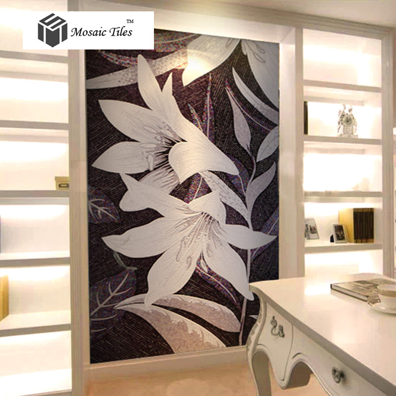 TST Mosaic Mural Black & White Lily Beautiful Flower Parquet Modern Art Wall