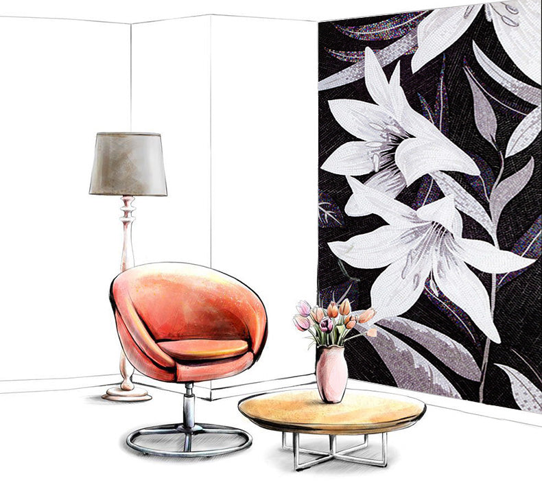 TST Mosaic Mural Black & White Lily Beautiful Flower Parquet Modern Art Wall
