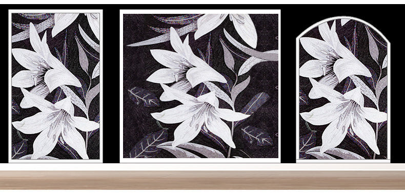 TST Mosaic Mural Black & White Lily Beautiful Flower Parquet Modern Art Wall