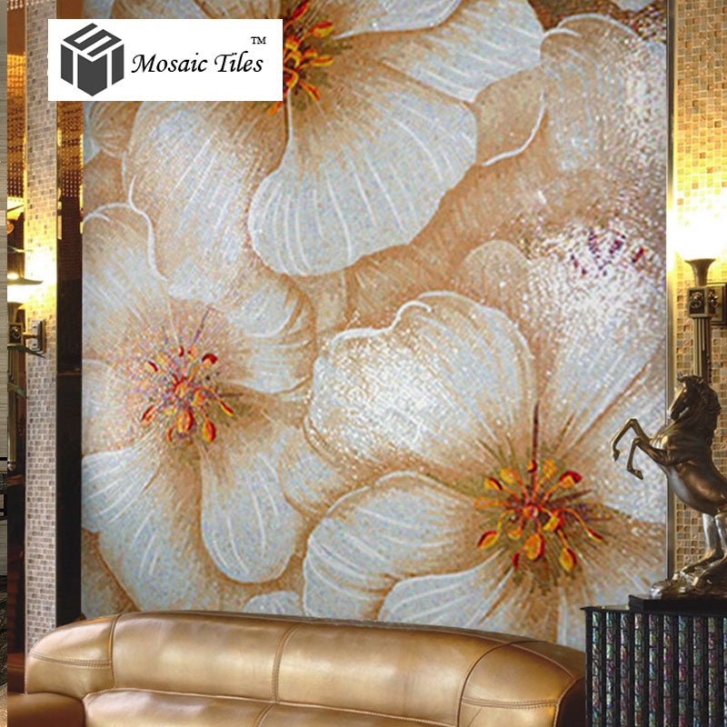 TST Mosaic Murals Beautiful Big White Pink Flower Home Hotel Wall Art Design