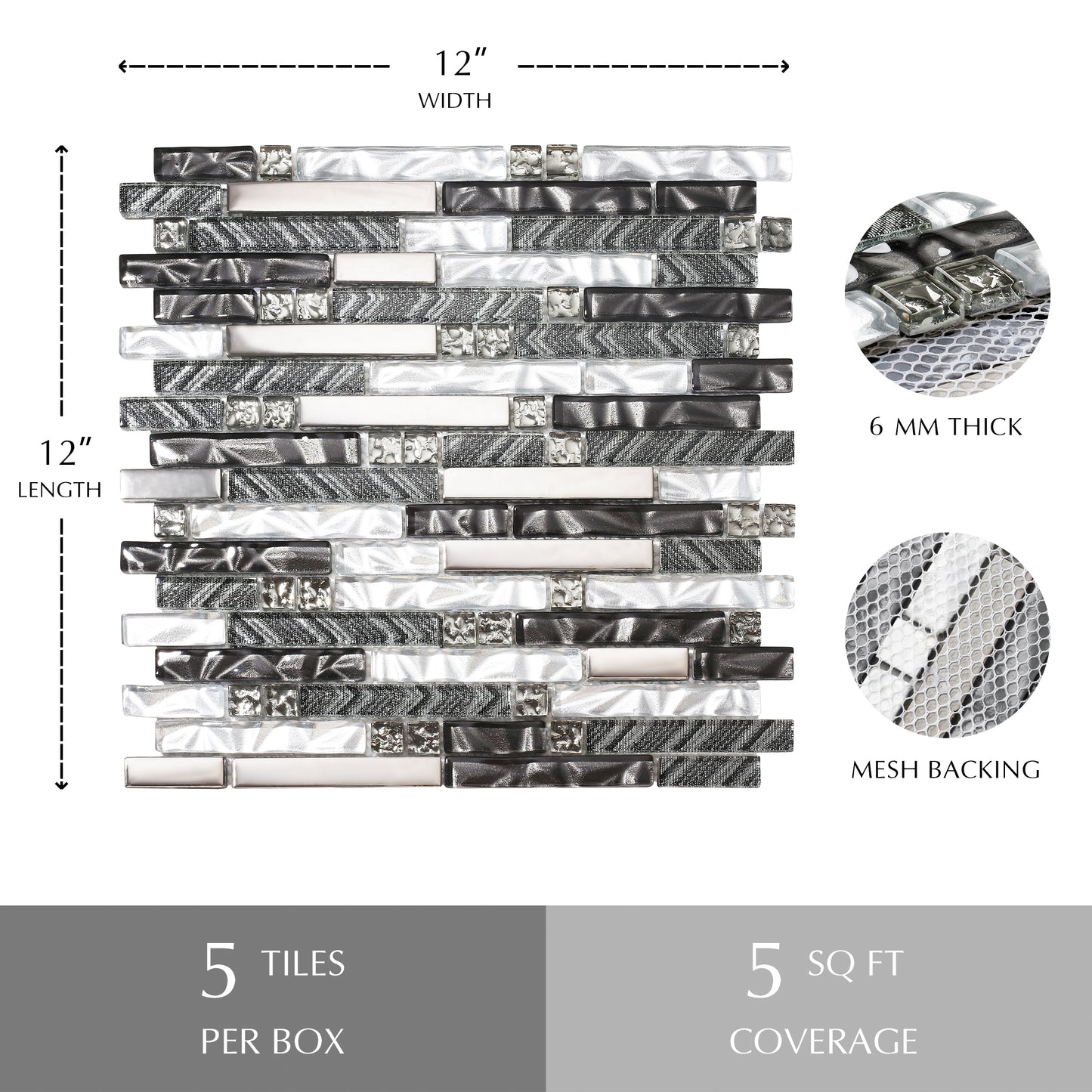 Black Silver Subway Glass Mosaic Tiles for Kitchen Backsplash Bathroom Wall (Pack of 5)