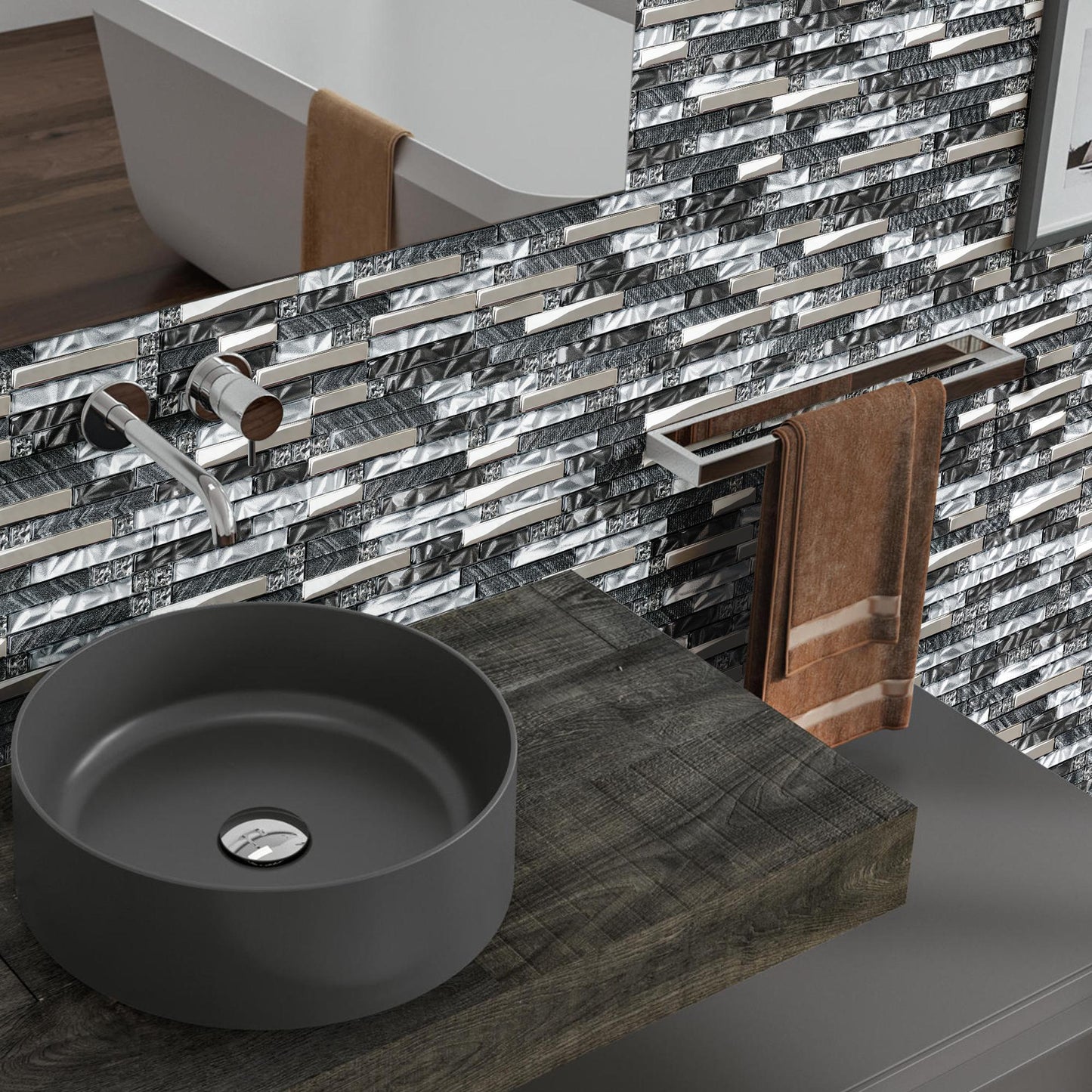 Black Silver Subway Glass Mosaic Tiles for Kitchen Backsplash Bathroom Wall (Pack of 5)