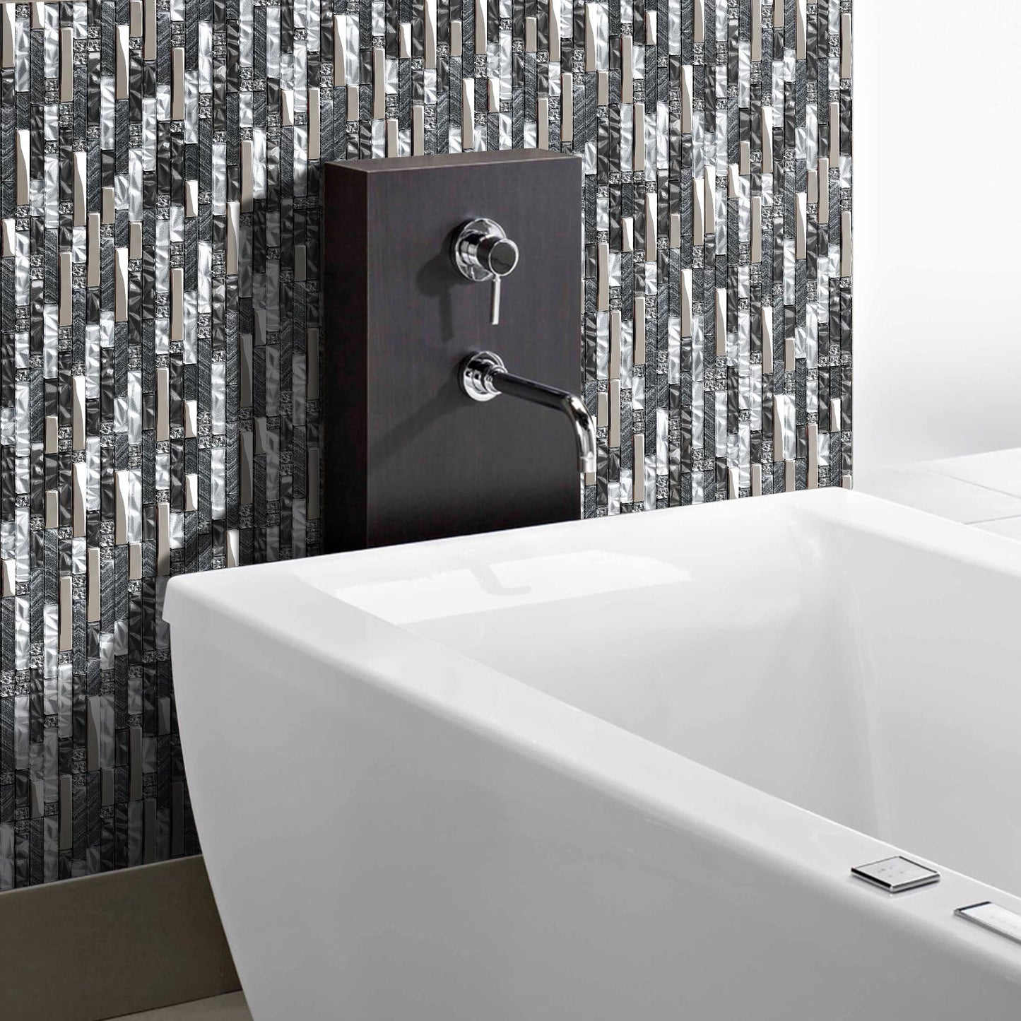 Black Silver Subway Glass Mosaic Tiles for Kitchen Backsplash Bathroom Wall (Pack of 5)