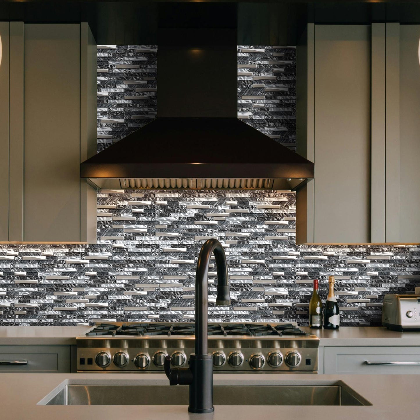 Black Silver Subway Glass Mosaic Tiles for Kitchen Backsplash Bathroom Wall (Pack of 5)