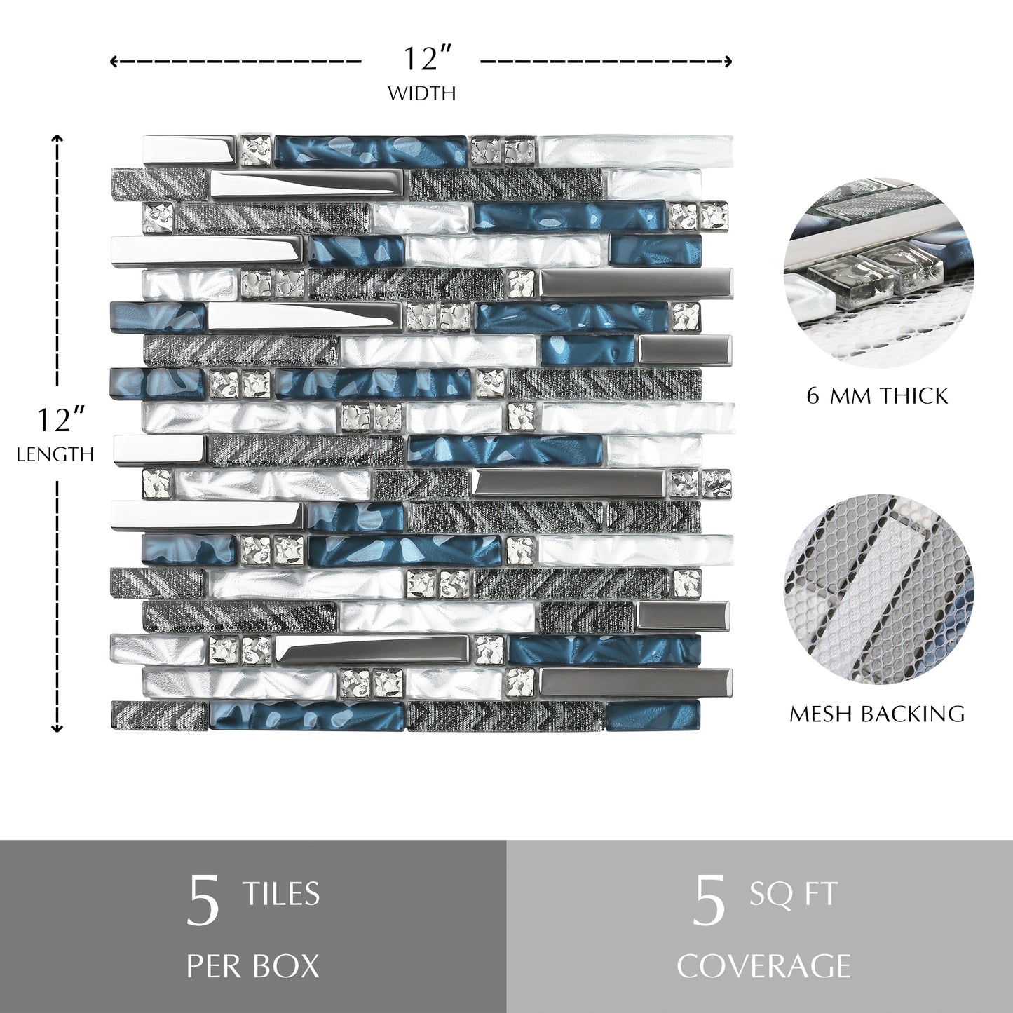 Teal Blue Interlocking Glass Mosaic Tiles for Kitchen Backsplash Bathroom Wall (Pack of 5)