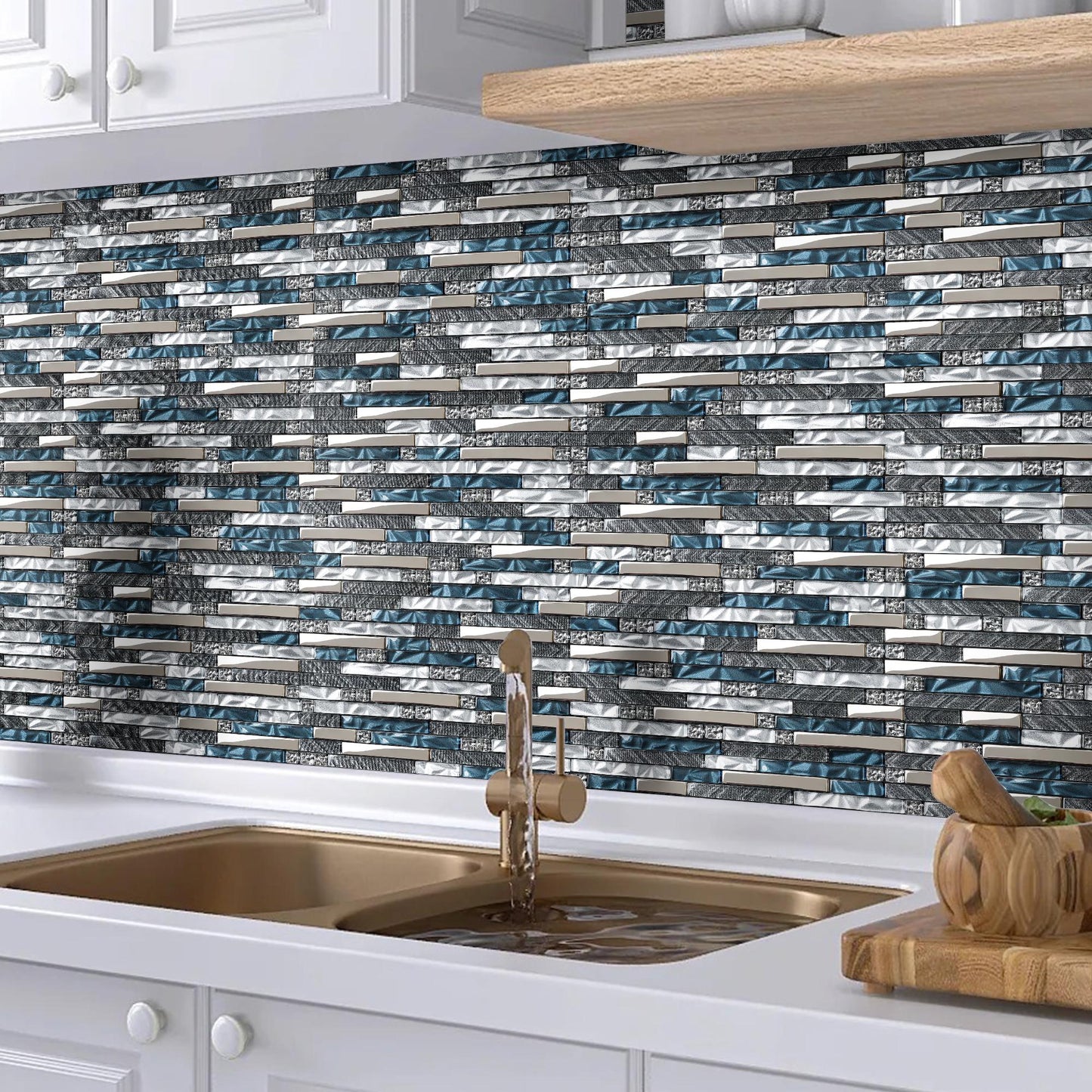 Teal Blue Interlocking Glass Mosaic Tiles for Kitchen Backsplash Bathroom Wall (Pack of 5)