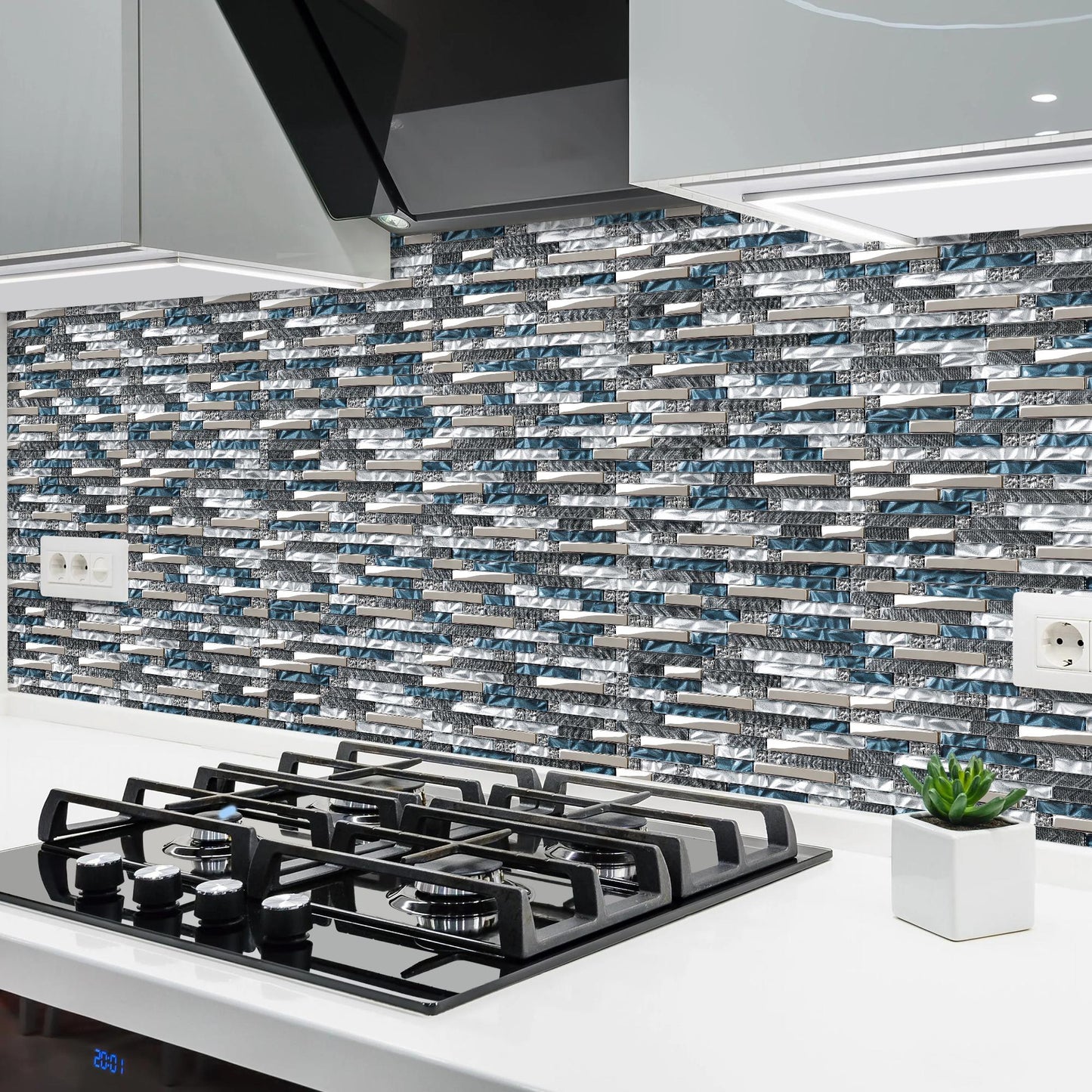 Teal Blue Interlocking Glass Mosaic Tiles for Kitchen Backsplash Bathroom Wall (Pack of 5)