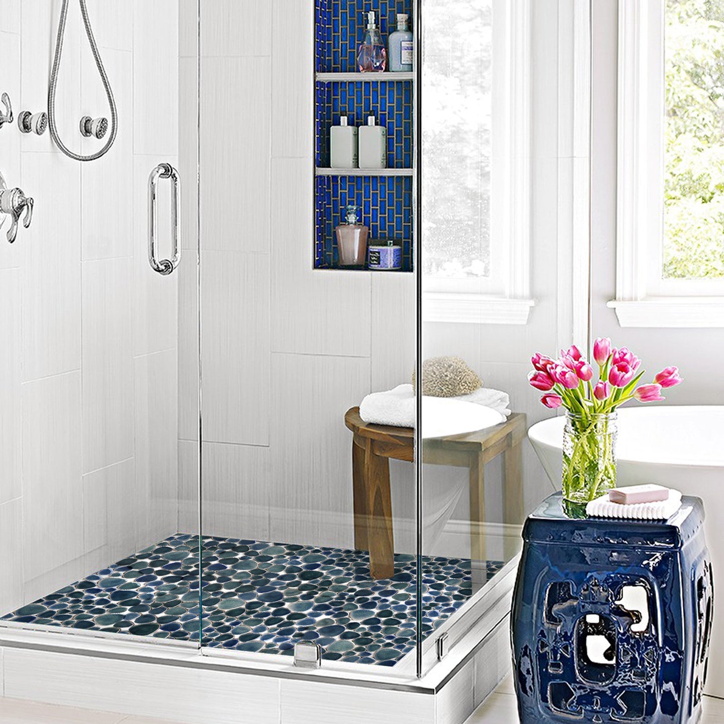 Teal Blue Porcelain Pebble Mosaic Tiles for Shower Floor Bathroom Accent Wall (Pack of 5)