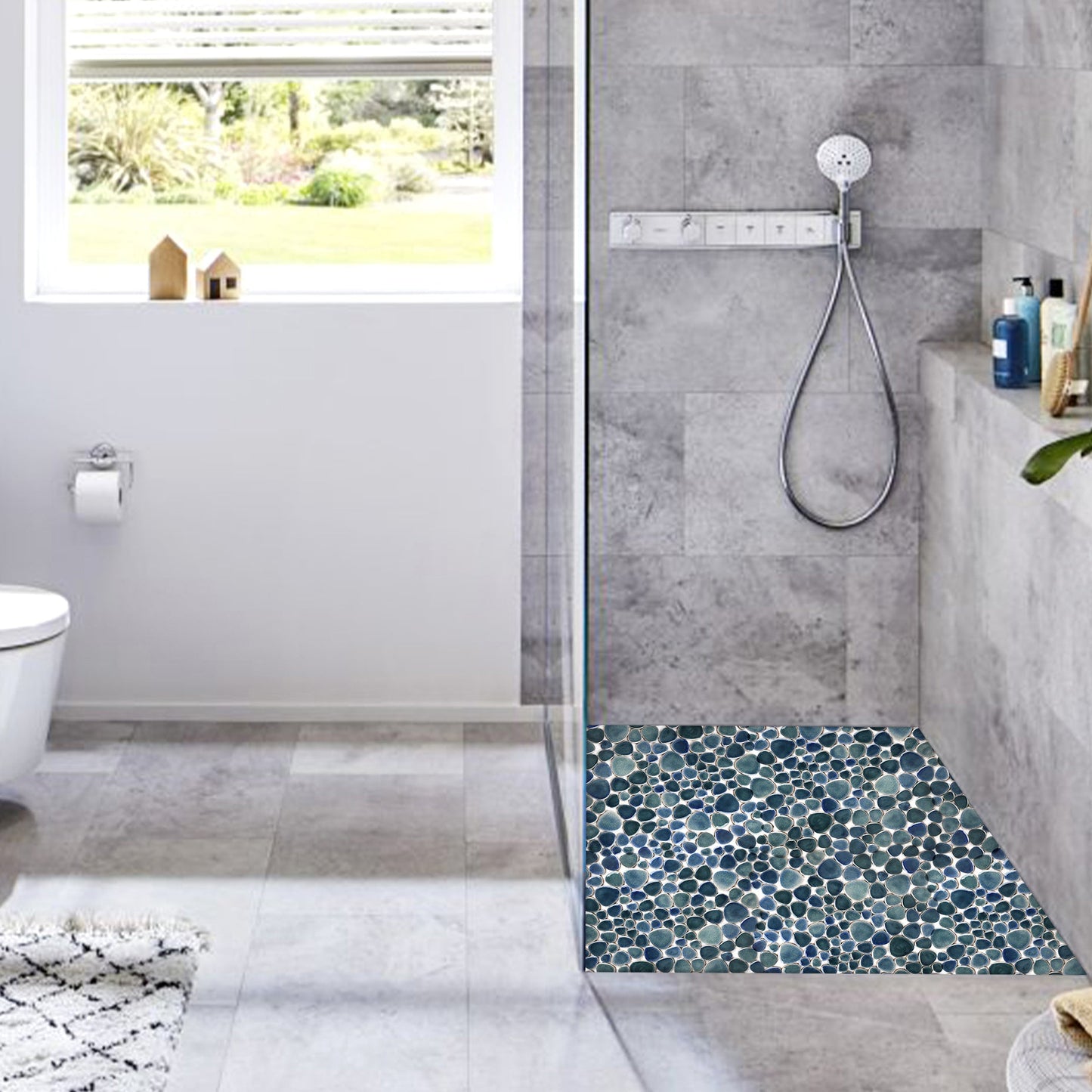 Teal Blue Porcelain Pebble Mosaic Tiles for Shower Floor Bathroom Accent Wall (Pack of 5)