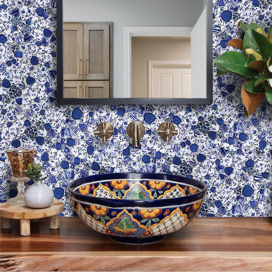 Blue&White Pebble Tile Porcelain Mosaic Tiles for Art Deco (Pack of 5)