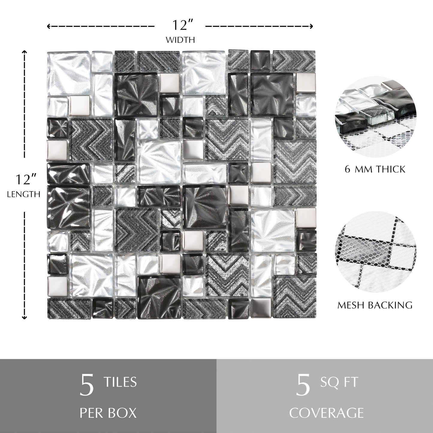 Black Silver Square Glass Mosaic Tiles for Kitchen Backsplash Bathroom Wall (Pack of 5)