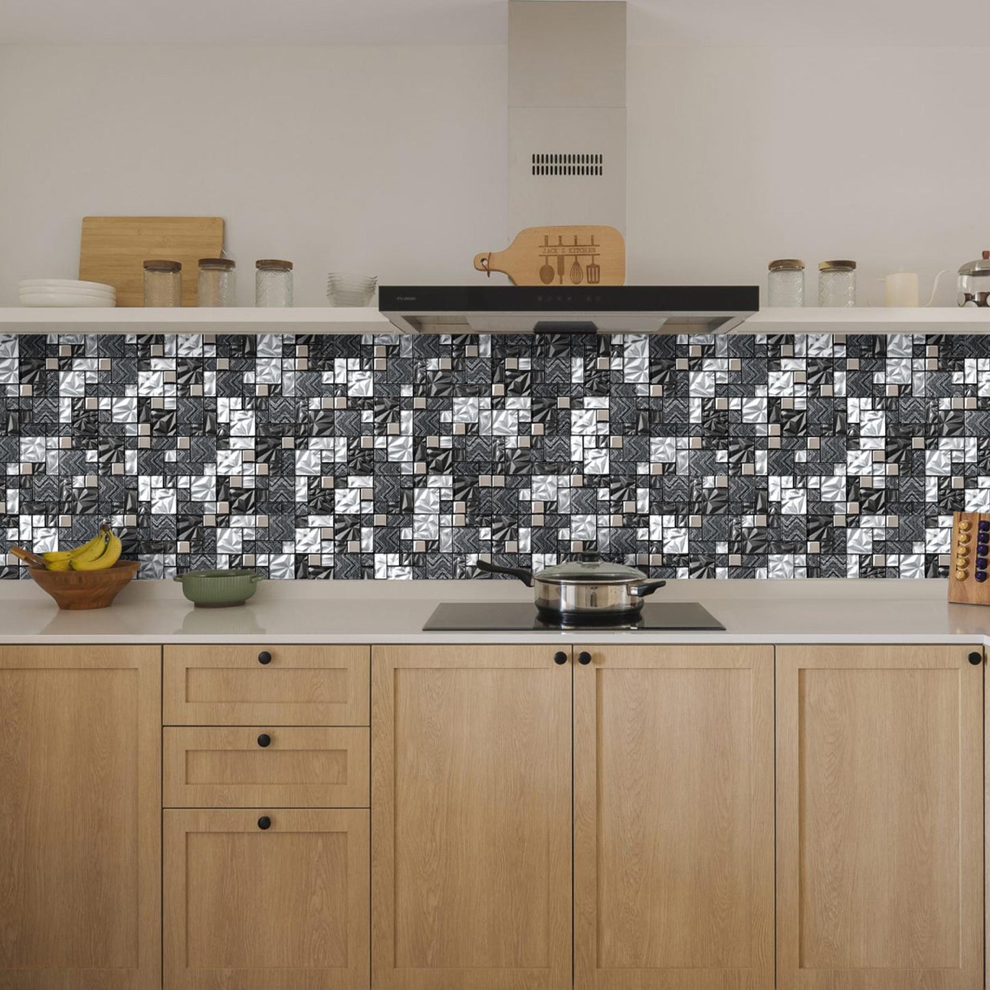 Black Silver Square Glass Mosaic Tiles for Kitchen Backsplash Bathroom Wall (Pack of 5)