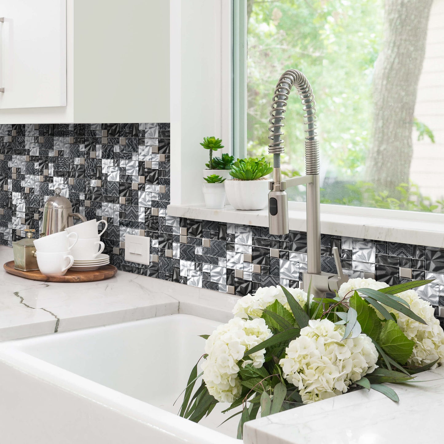 Black Silver Square Glass Mosaic Tiles for Kitchen Backsplash Bathroom Wall (Pack of 5)