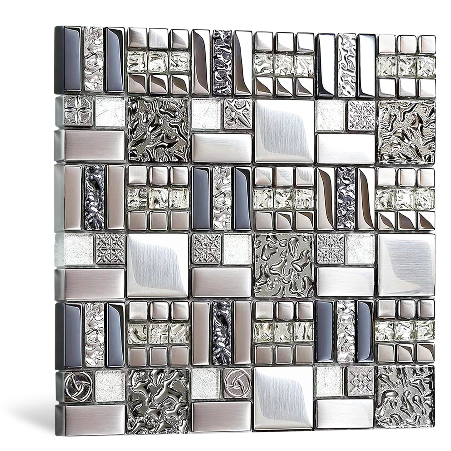 Glass Metallic Mosaic Tiles Silver Kitchen Backsplash Bathroom Shower Accent Wall Decor (Pack of 5)
