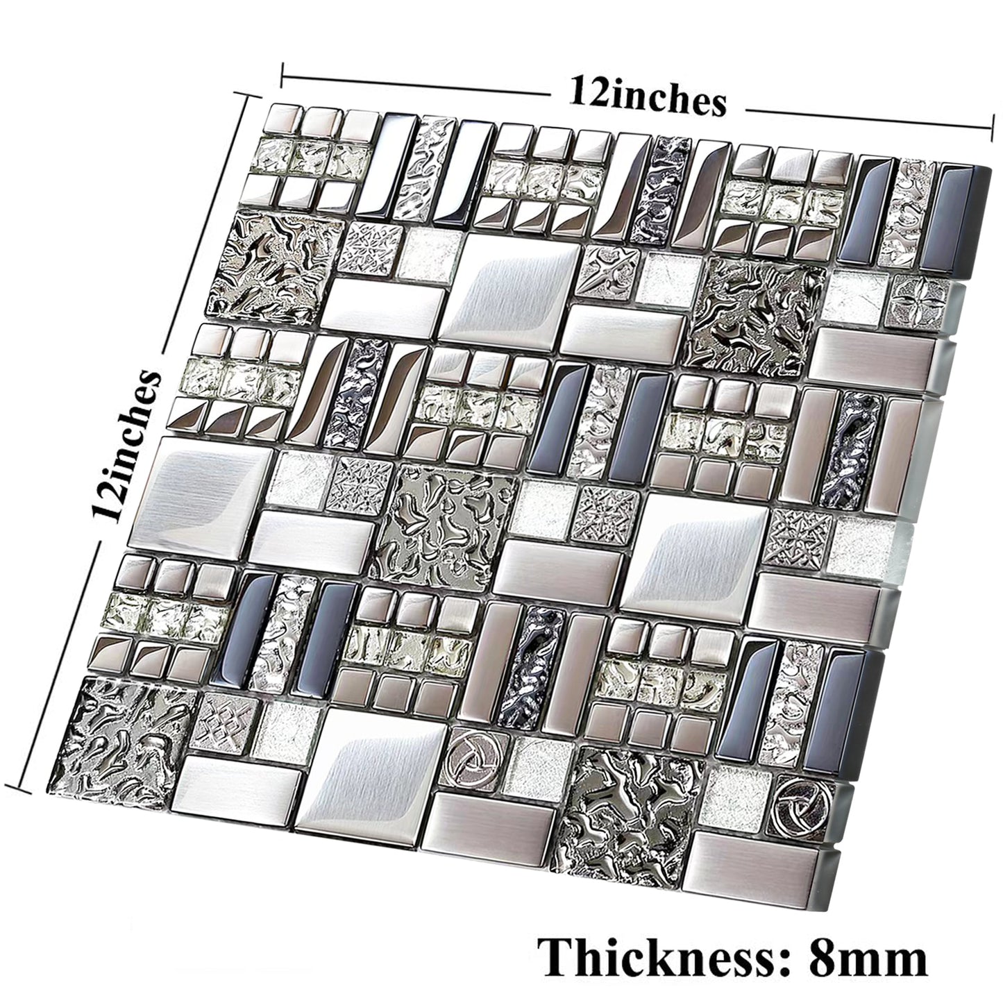 Glass Metallic Mosaic Tiles Silver Kitchen Backsplash Bathroom Shower Accent Wall Decor (Pack of 5)